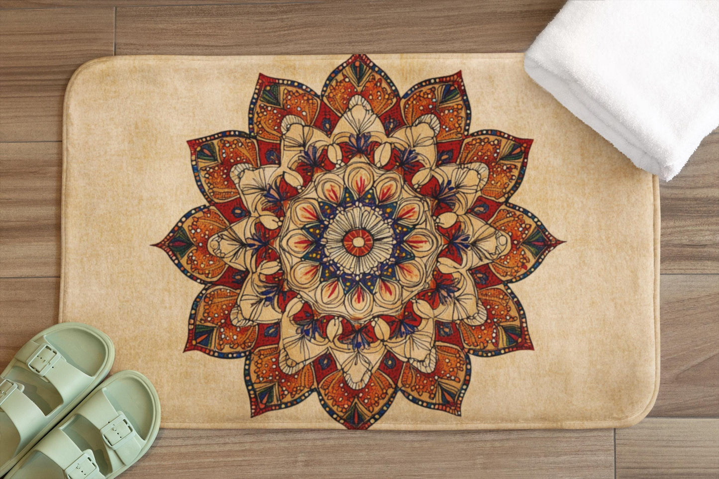 Mandala Bath Mat – Bohemian Tan & Red Rug, Warm Floral Meditation Decor