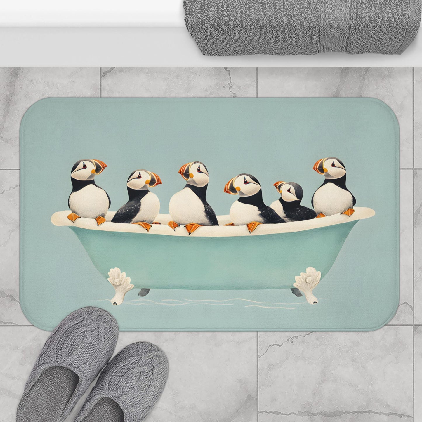 Puffin Bath Mat – Coastal Seabird Bathroom Rug, Ocean Wildlife Decor