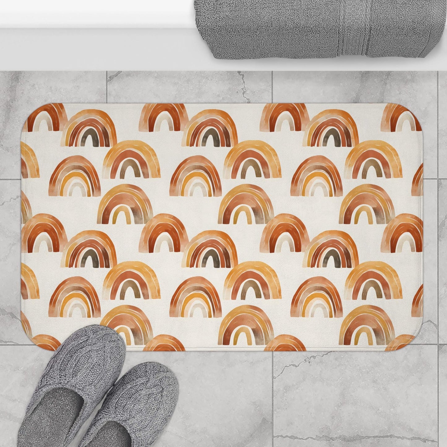 Terracotta Rainbow Bath Mat – Abstract Boho Bathroom Rug