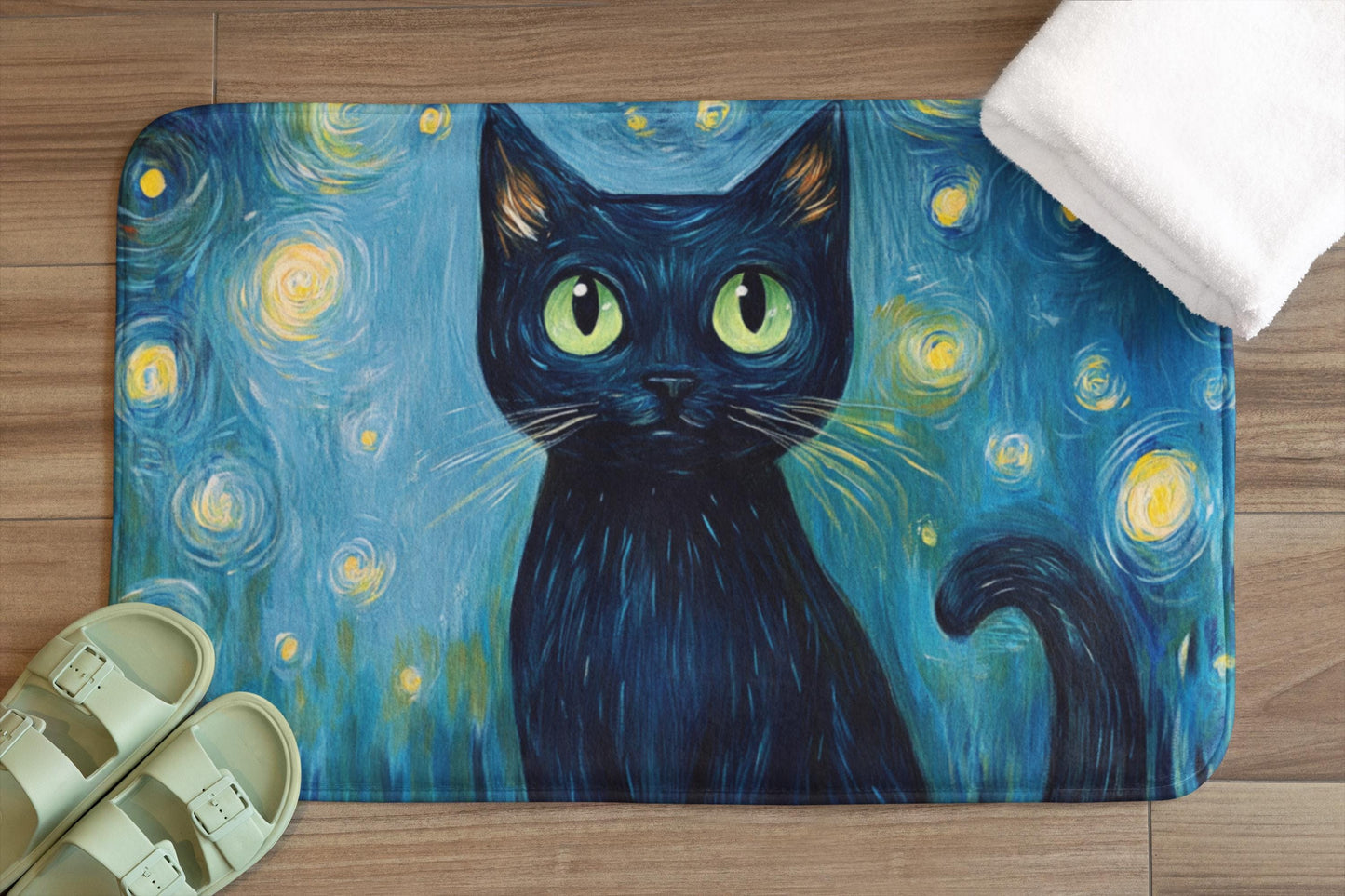 Black Cat Bath Mat – Starry Night Bathroom Rug