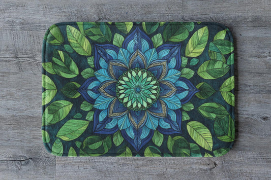 Blue Green Mandala Bath Mat – Boho Bathroom Rug with Sacred Geometry