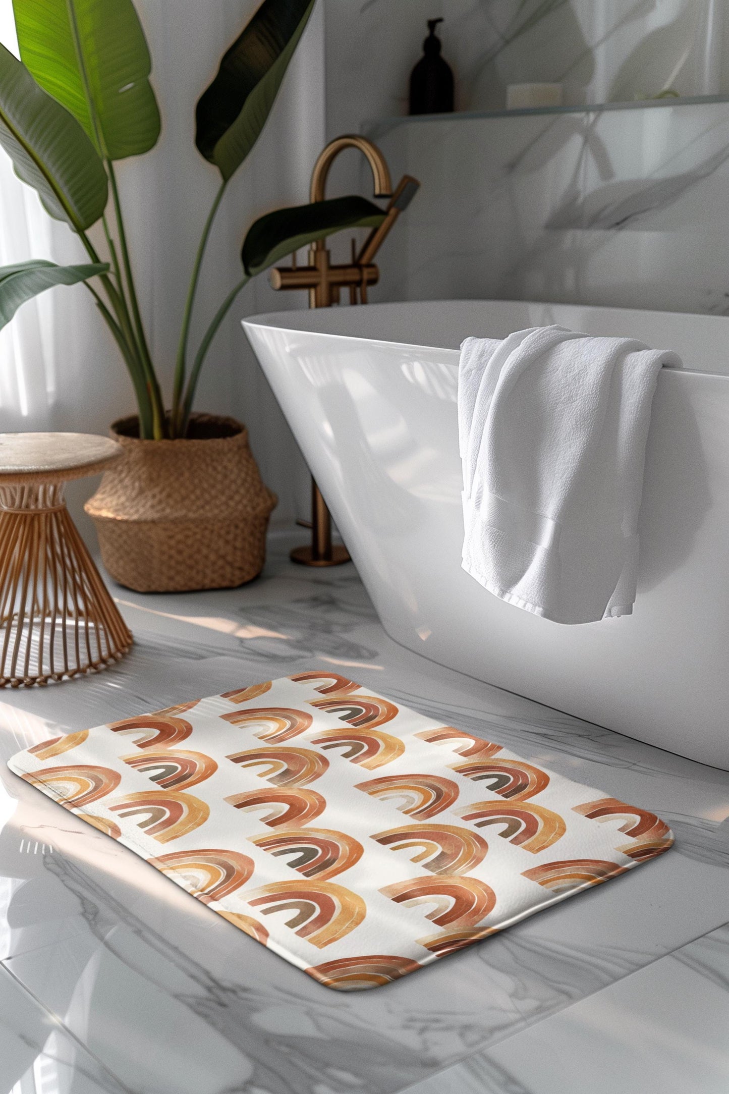 Terracotta Rainbow Bath Mat – Abstract Boho Bathroom Rug
