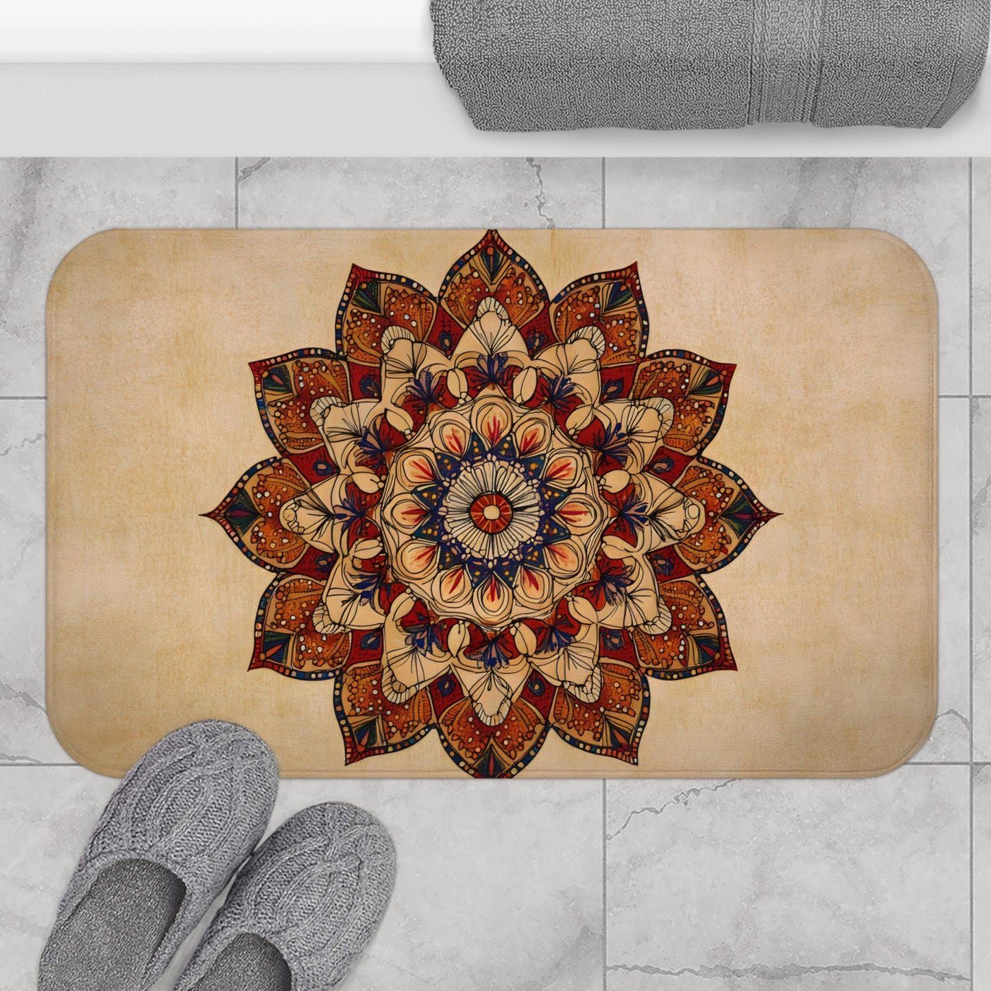 Mandala Bath Mat – Bohemian Tan & Red Rug, Warm Floral Meditation Decor