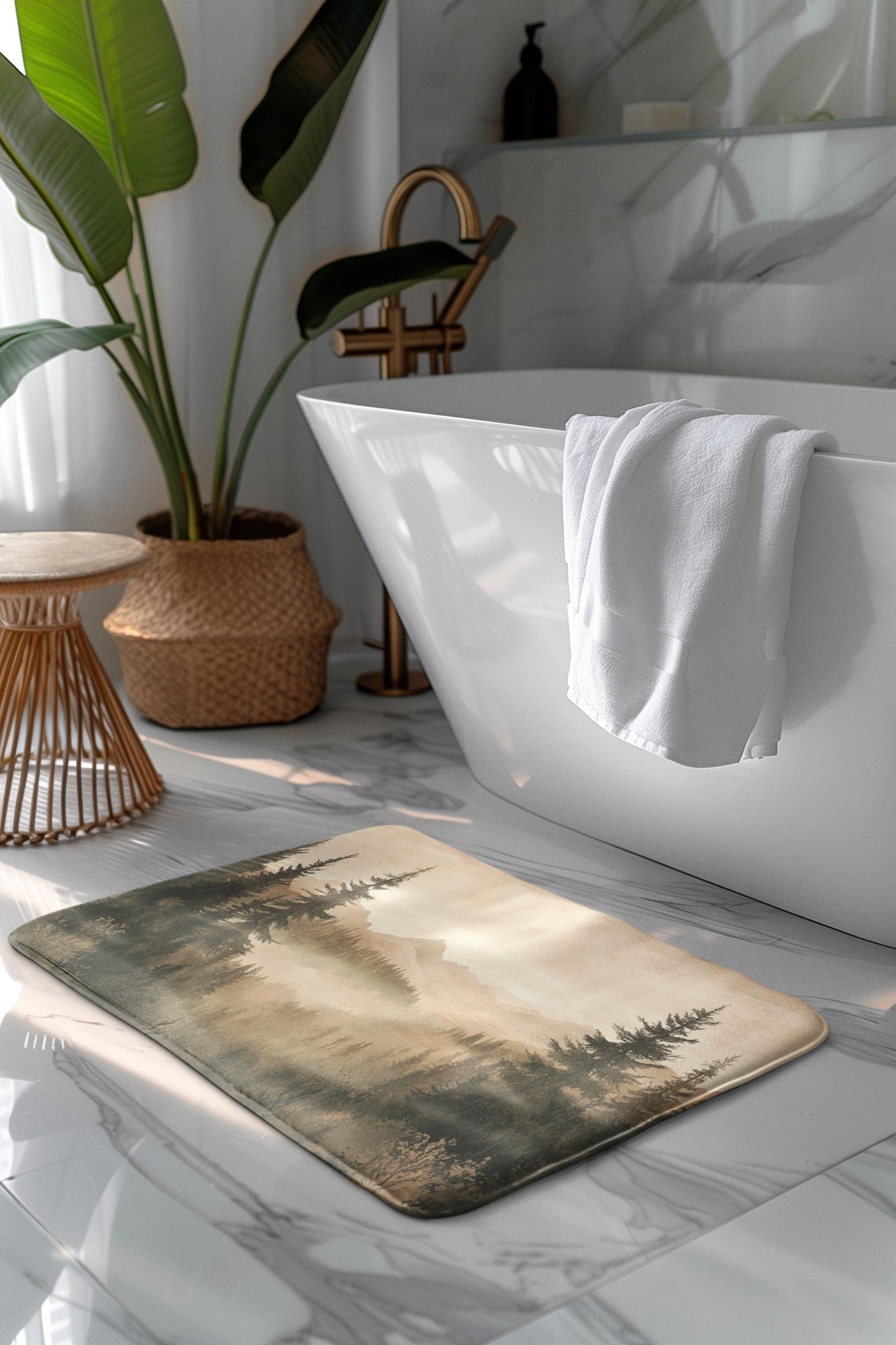 Forest Bath Mat – Mountain Landscape Rug, Nature Inspired Decor