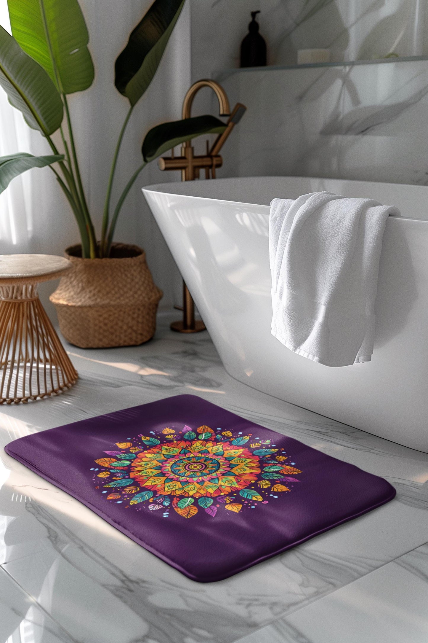 Mandala Bath Mat Colorful Boho Bathroom Decor Non-Slip Soft Rug Art