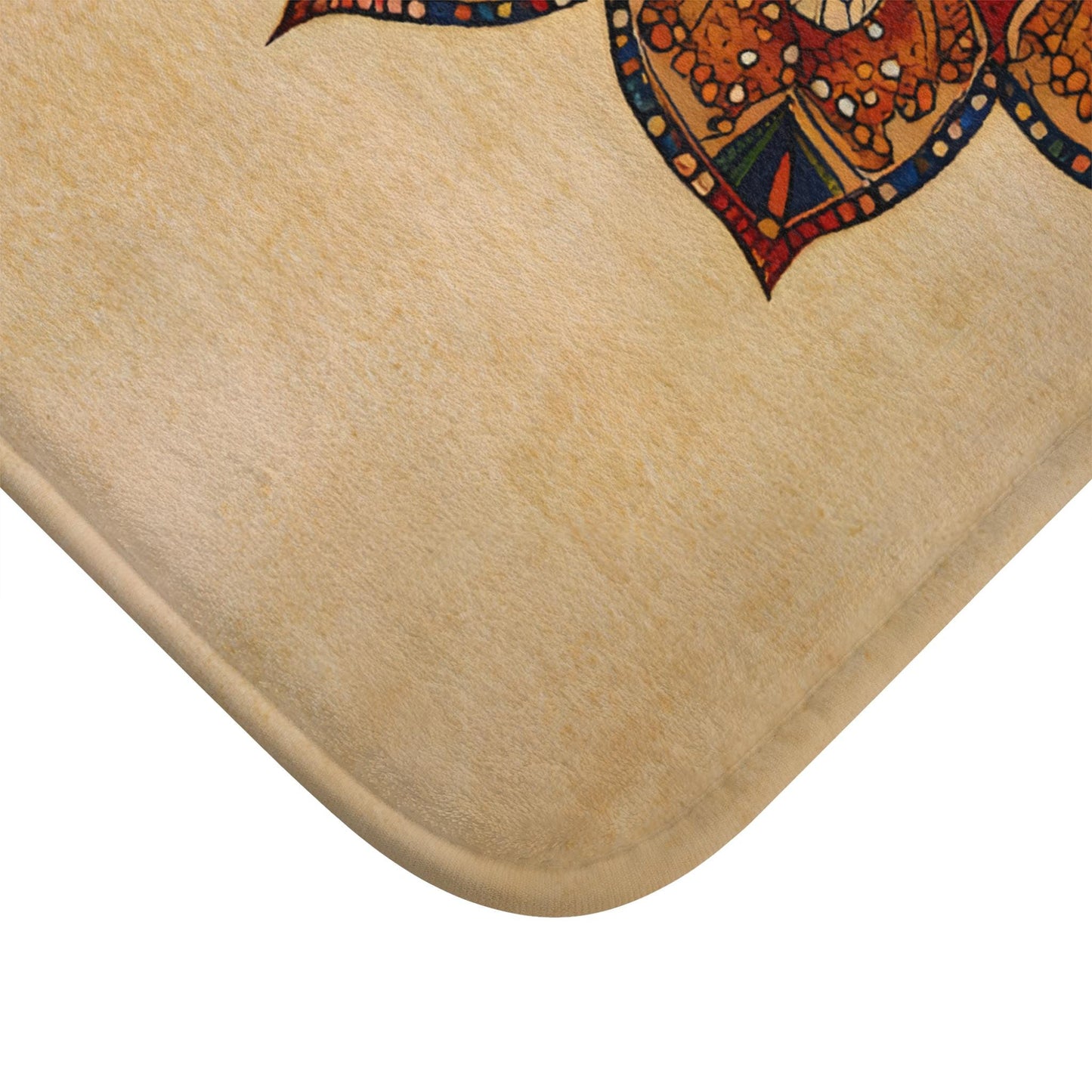 Mandala Bath Mat – Bohemian Tan & Red Rug, Warm Floral Meditation Decor