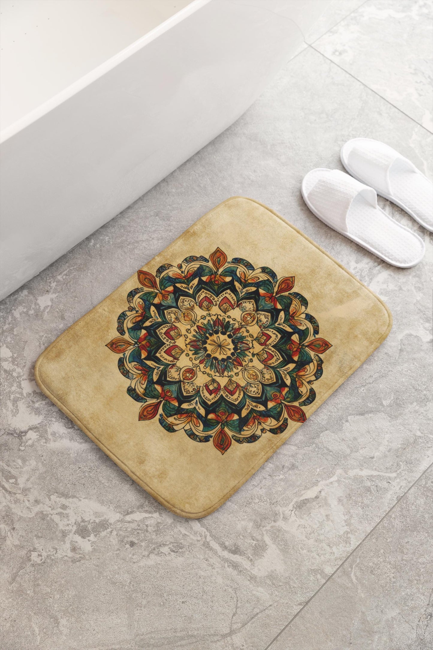Mandala Bath Mat – Colorful Boho Spiritual Rug, Artistic Bathroom Accent