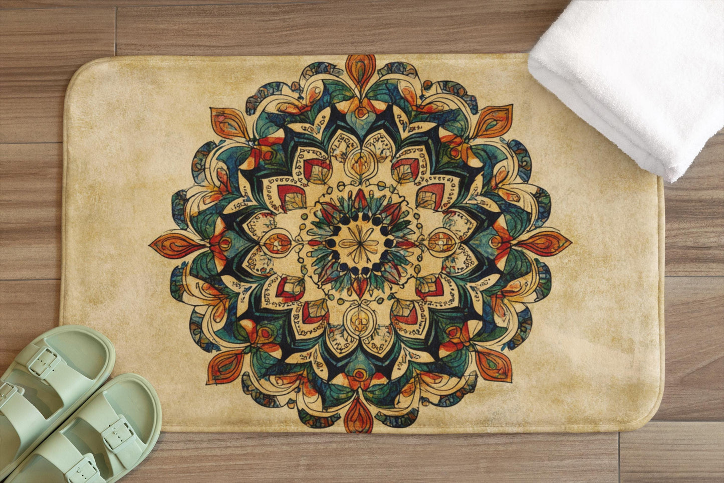 Mandala Bath Mat – Colorful Boho Spiritual Rug, Artistic Bathroom Accent