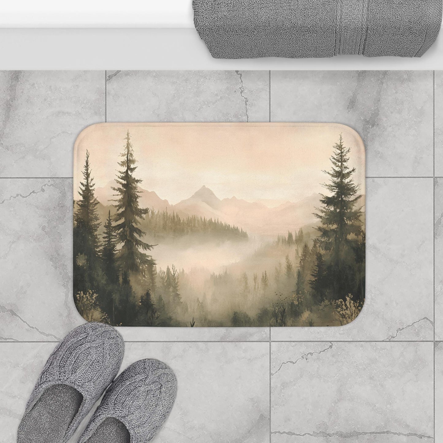 Forest Bath Mat – Mountain Landscape Rug, Nature Inspired Decor