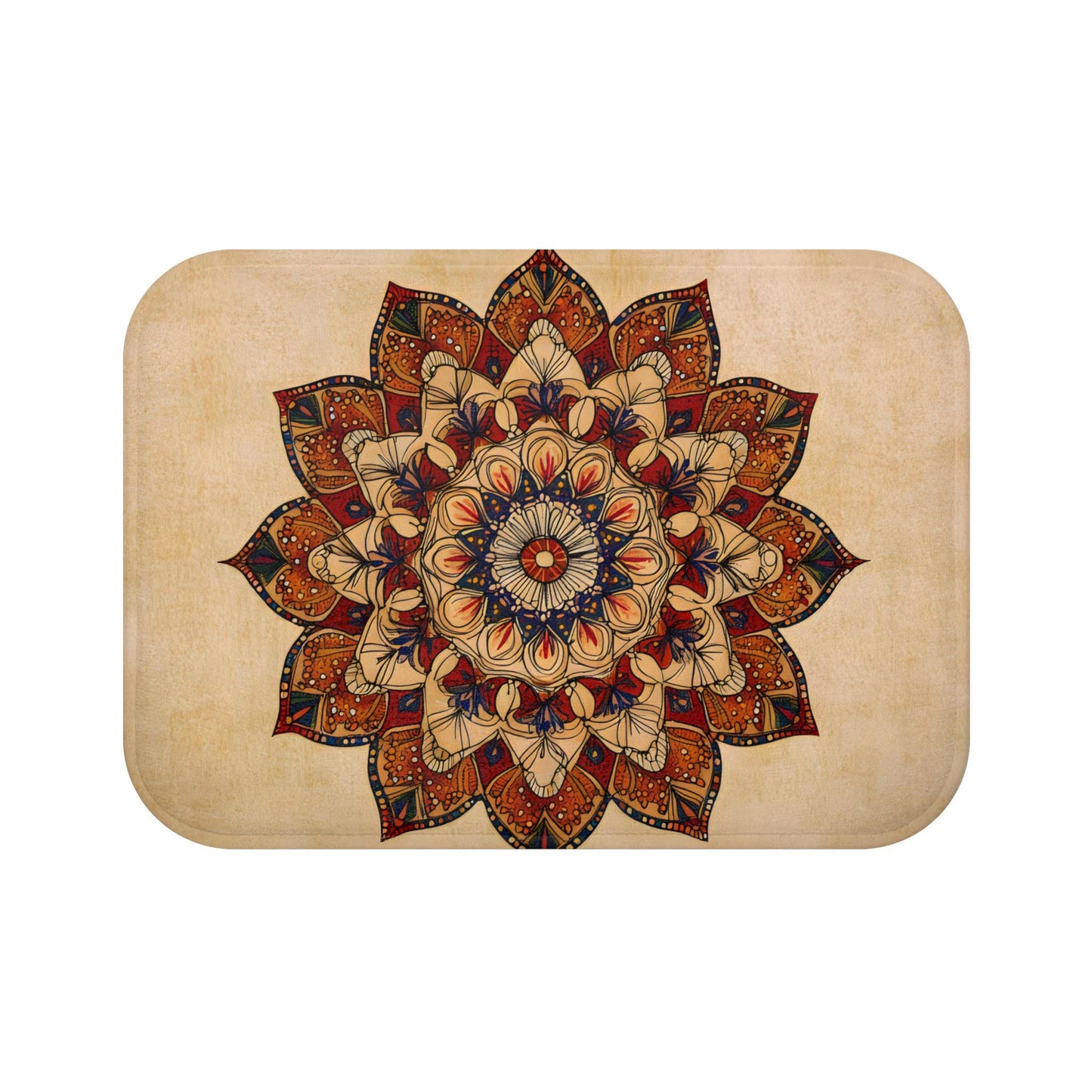 Mandala Bath Mat – Bohemian Tan & Red Rug, Warm Floral Meditation Decor