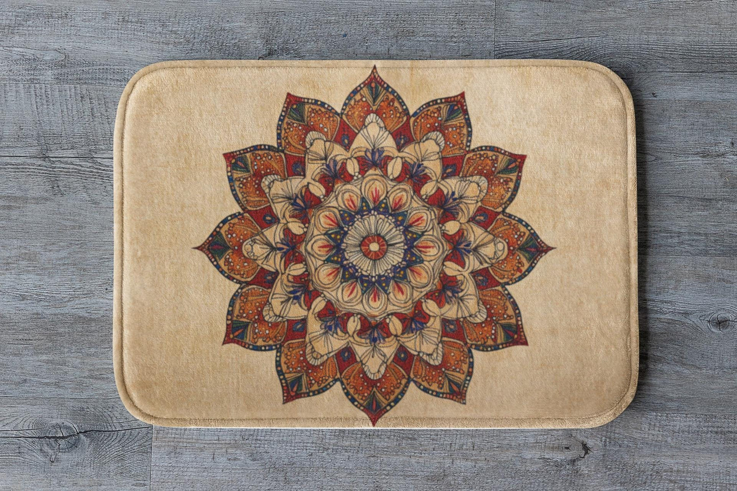 Mandala Bath Mat – Bohemian Tan & Red Rug, Warm Floral Meditation Decor
