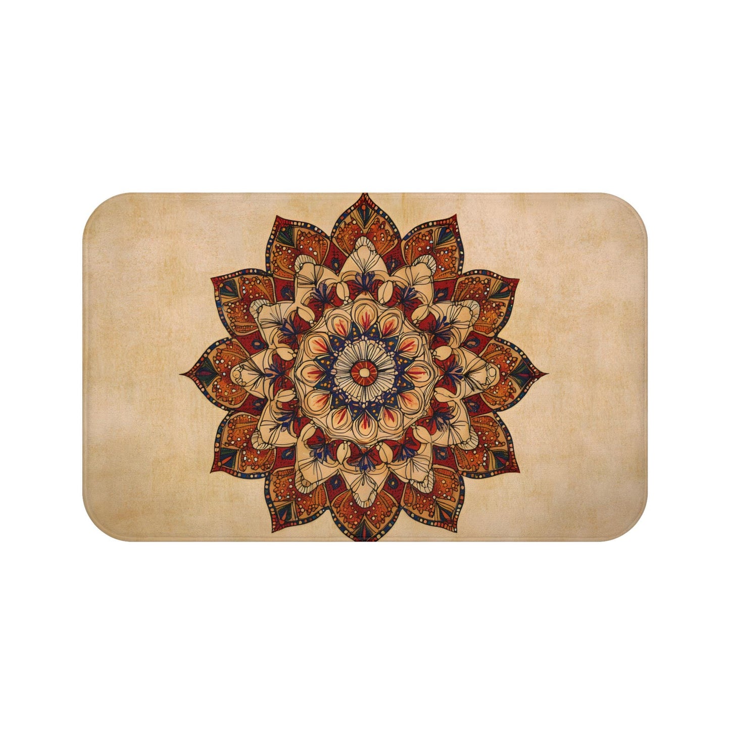 Mandala Bath Mat – Bohemian Tan & Red Rug, Warm Floral Meditation Decor