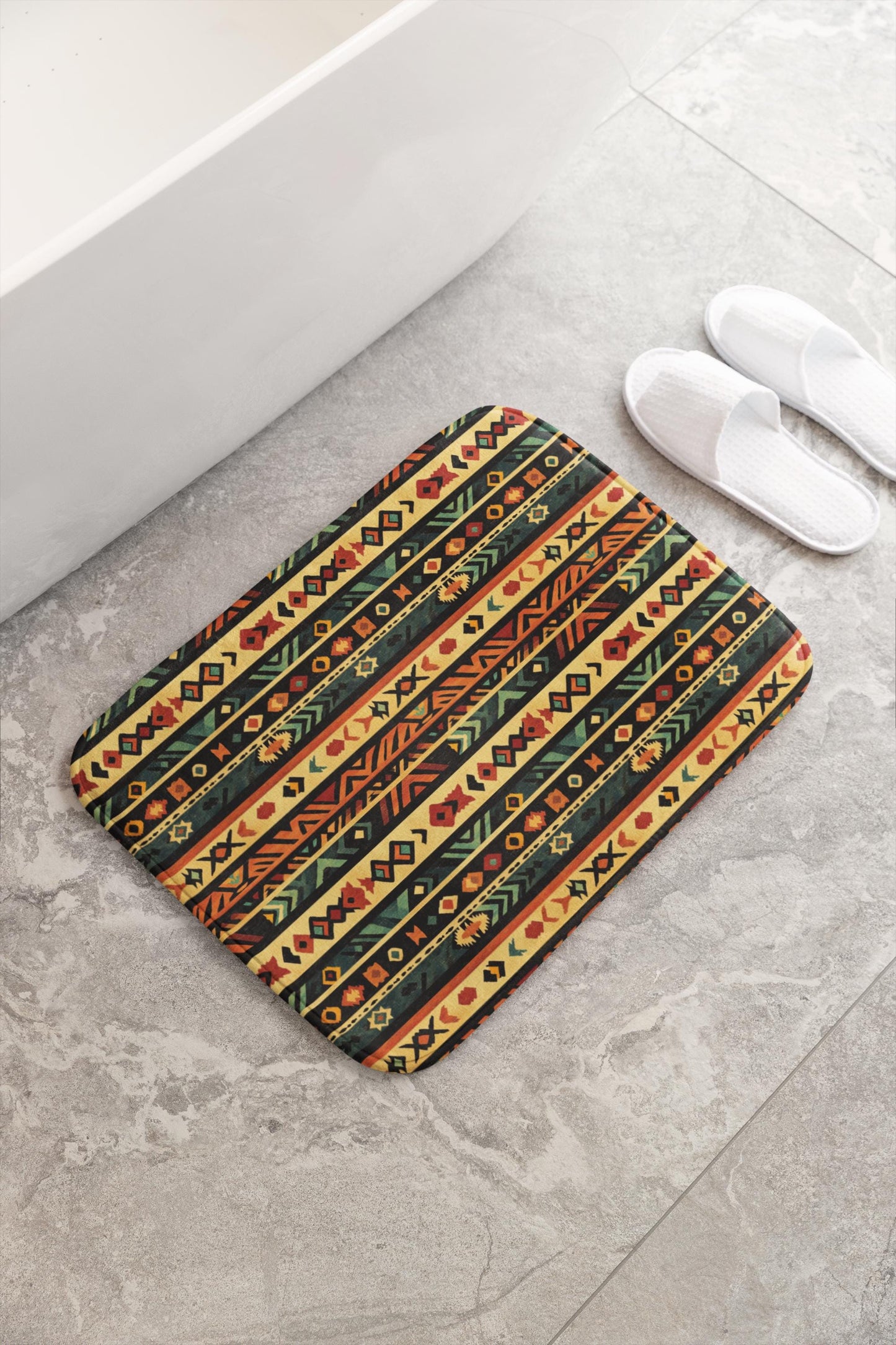 Southwestern Bath Mat – Rustic Boho Bathroom Rug with Tribal Pattern