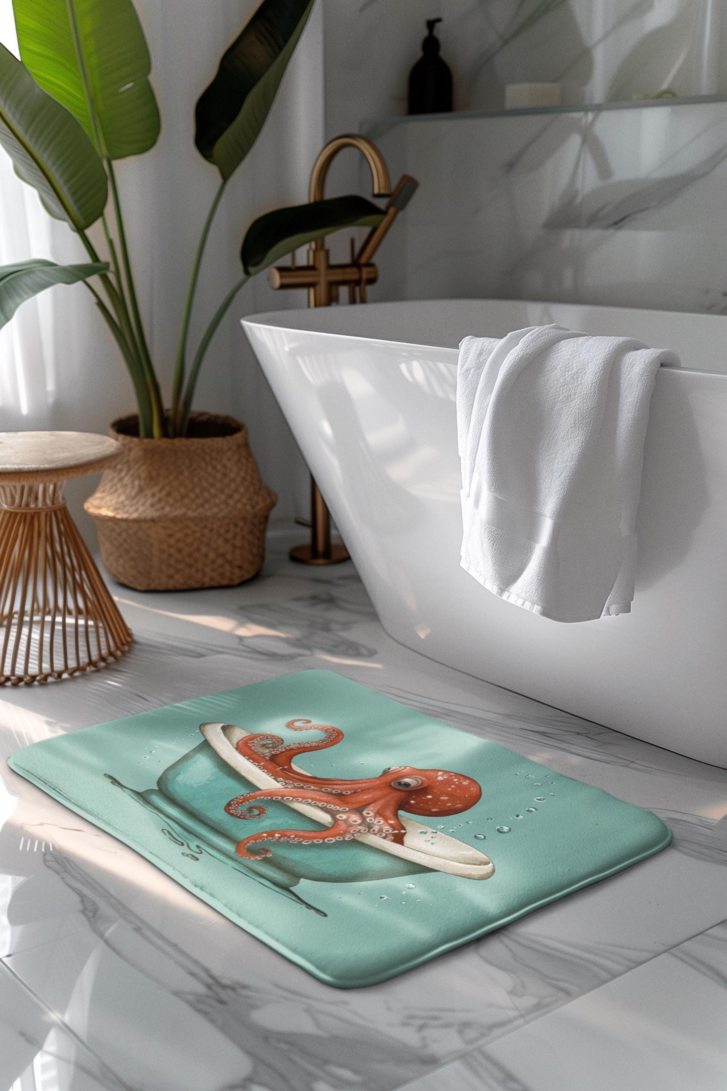 Octopus Bath Mat – Nautical Sea Life Bathroom Rug, Whimsical Coastal Decor