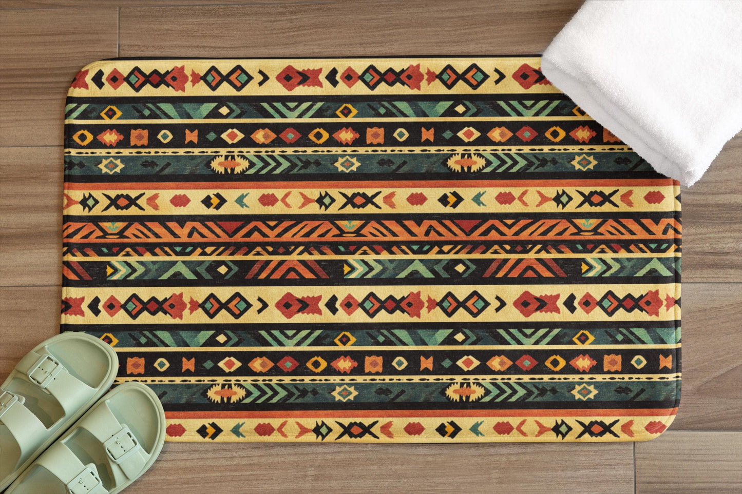 Southwestern Bath Mat – Rustic Boho Bathroom Rug with Tribal Pattern
