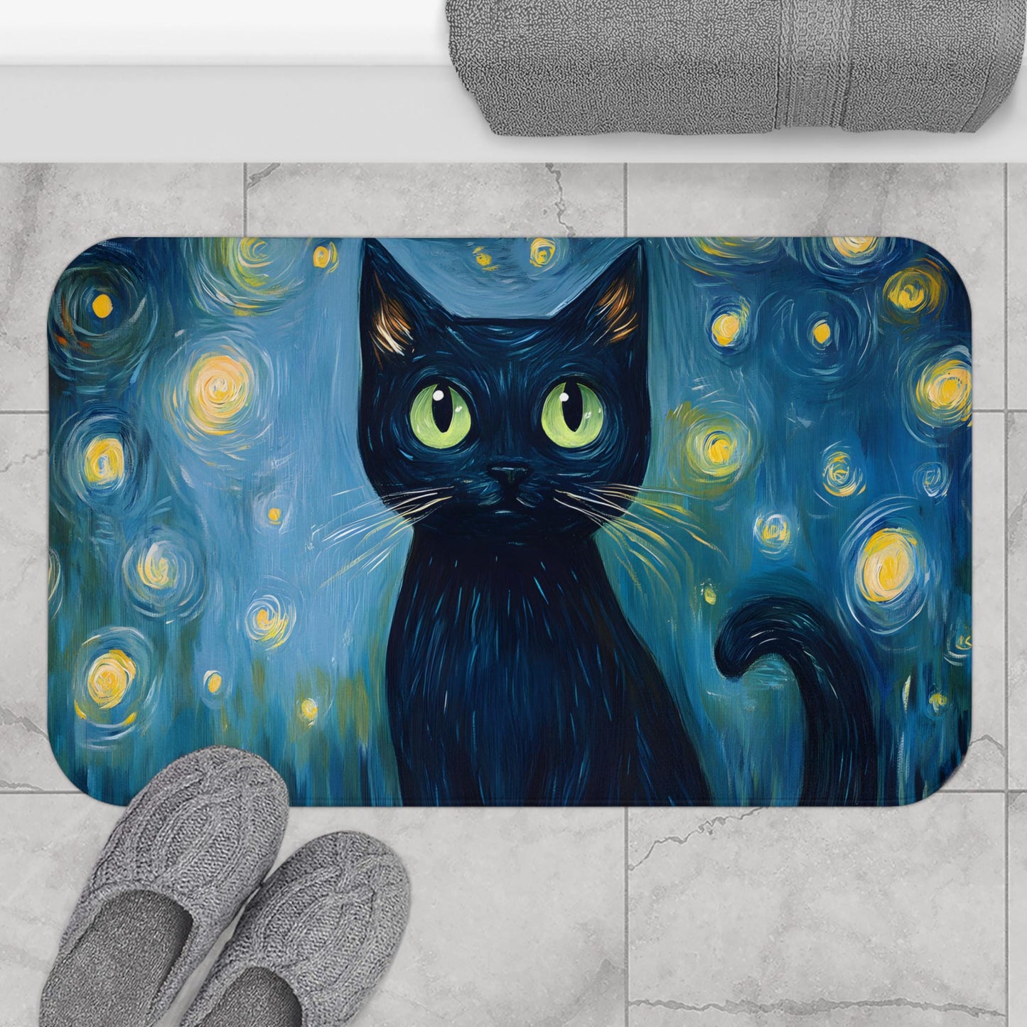 Black Cat Bath Mat – Starry Night Bathroom Rug