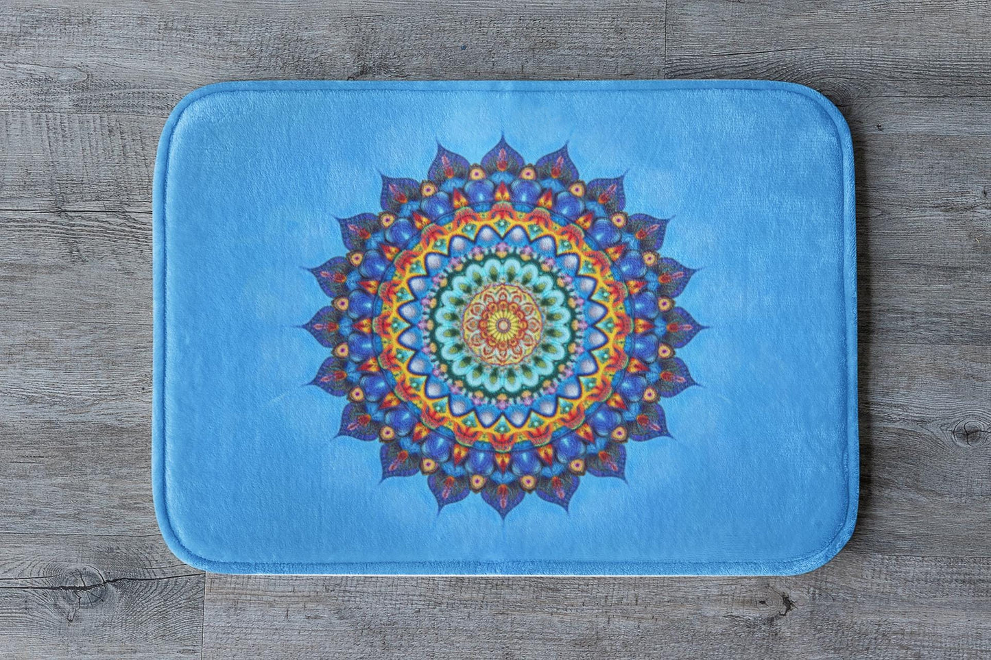 Mandala Bath Mat - Blue Spiritual Bathroom Rug Colorful Boho Decor