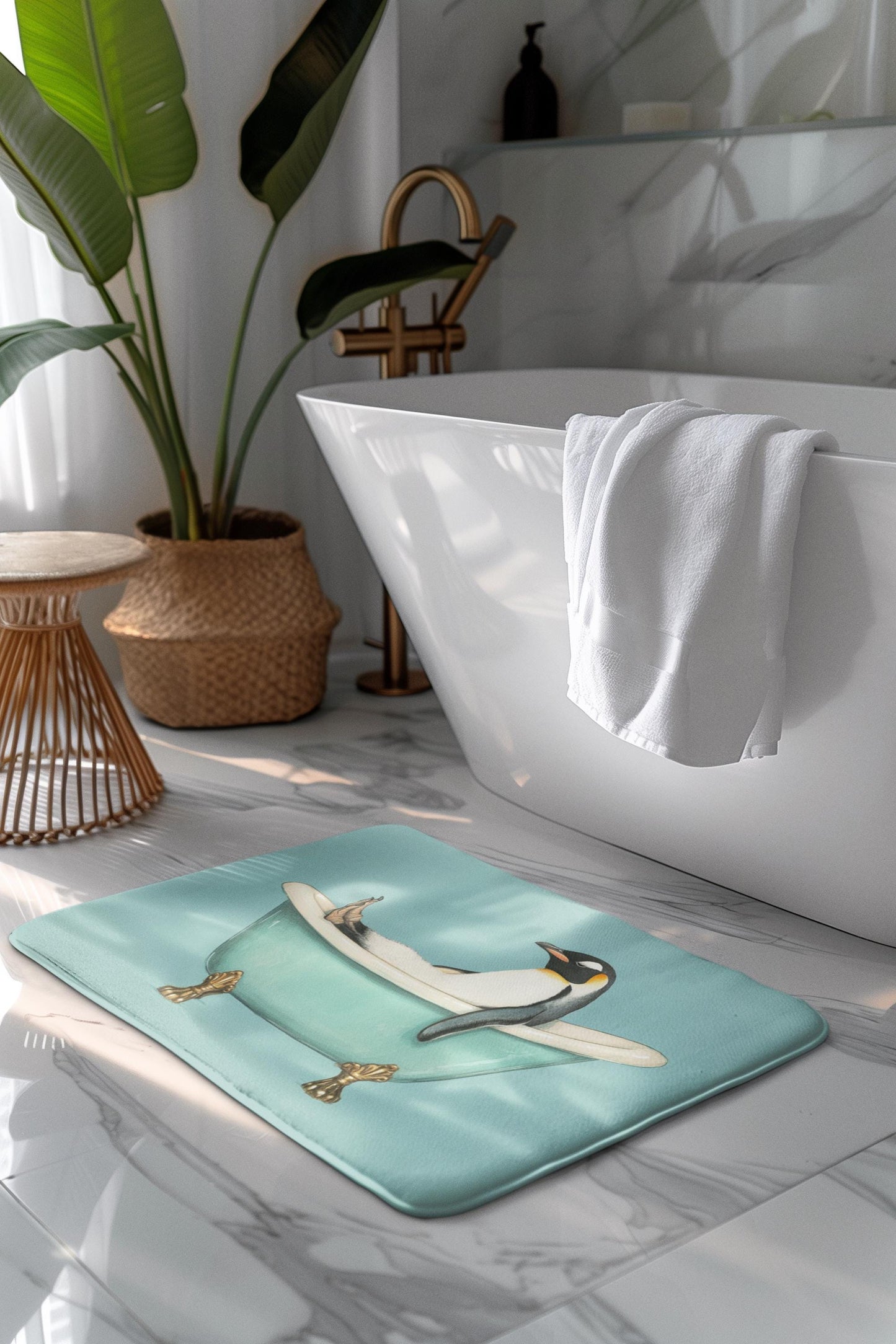 Penguin Bath Mat – Cute Penguin Bathroom Rug, Winter Animal Decor, Soft Non-Slip