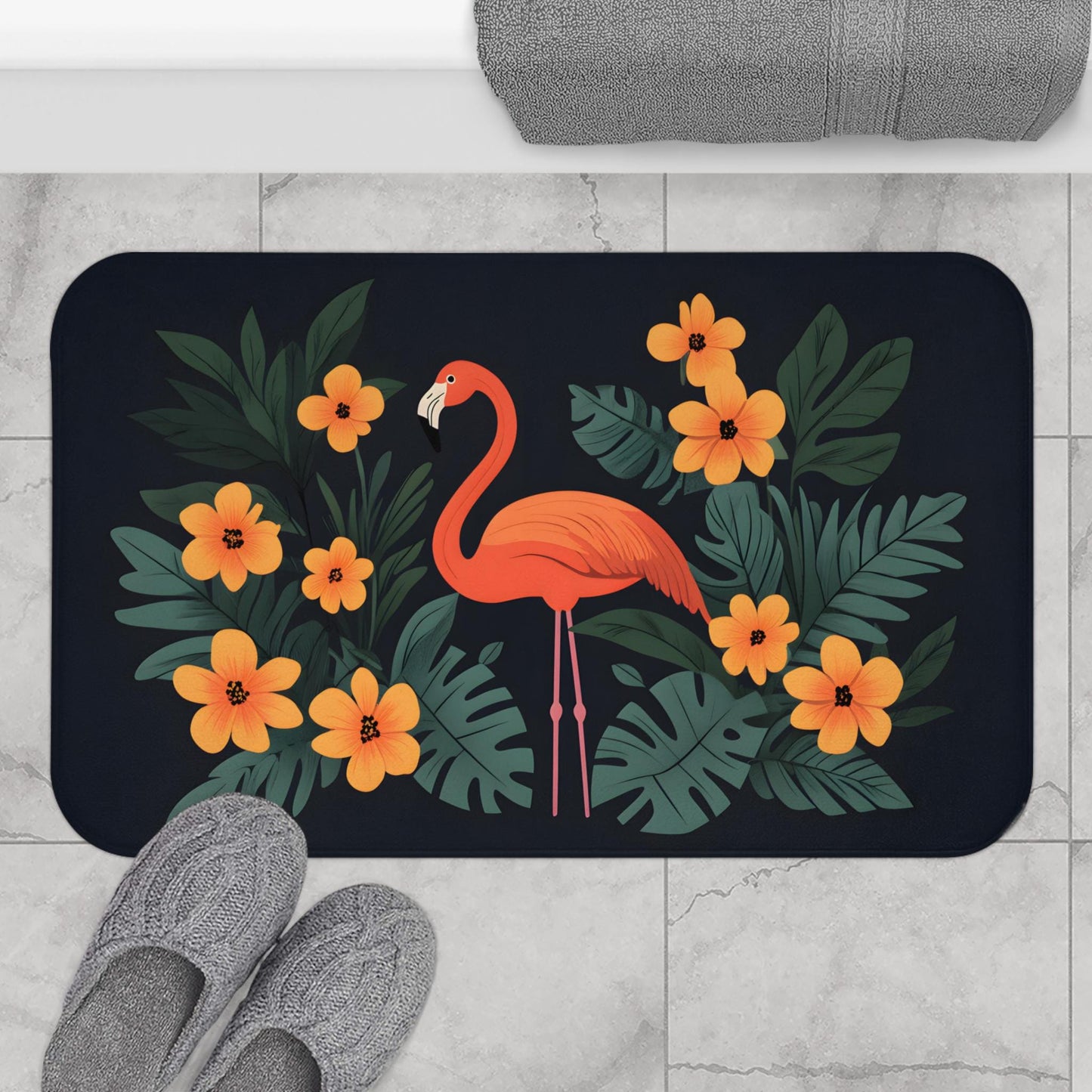 Tropical Flamingo Bath Mat – Pink Jungle Bird Bathroom Rug