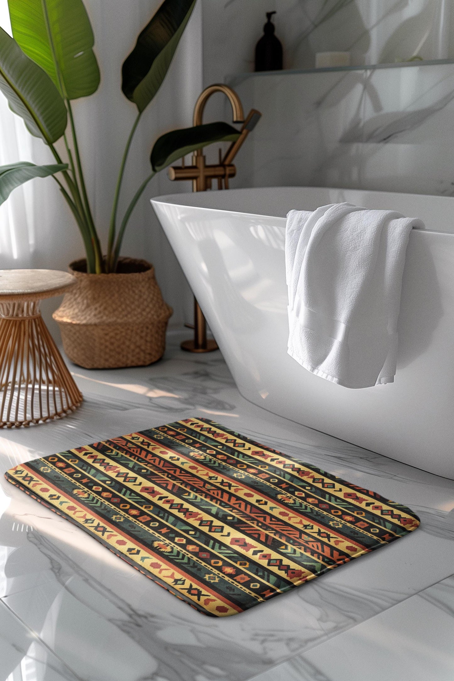 Southwestern Bath Mat – Rustic Boho Bathroom Rug with Tribal Pattern