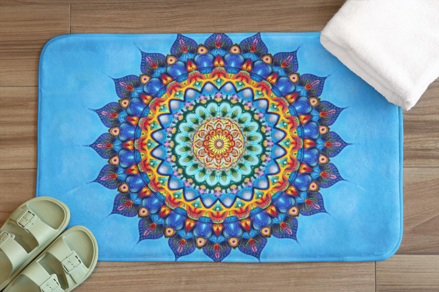 Mandala Bath Mat - Blue Spiritual Bathroom Rug Colorful Boho Decor