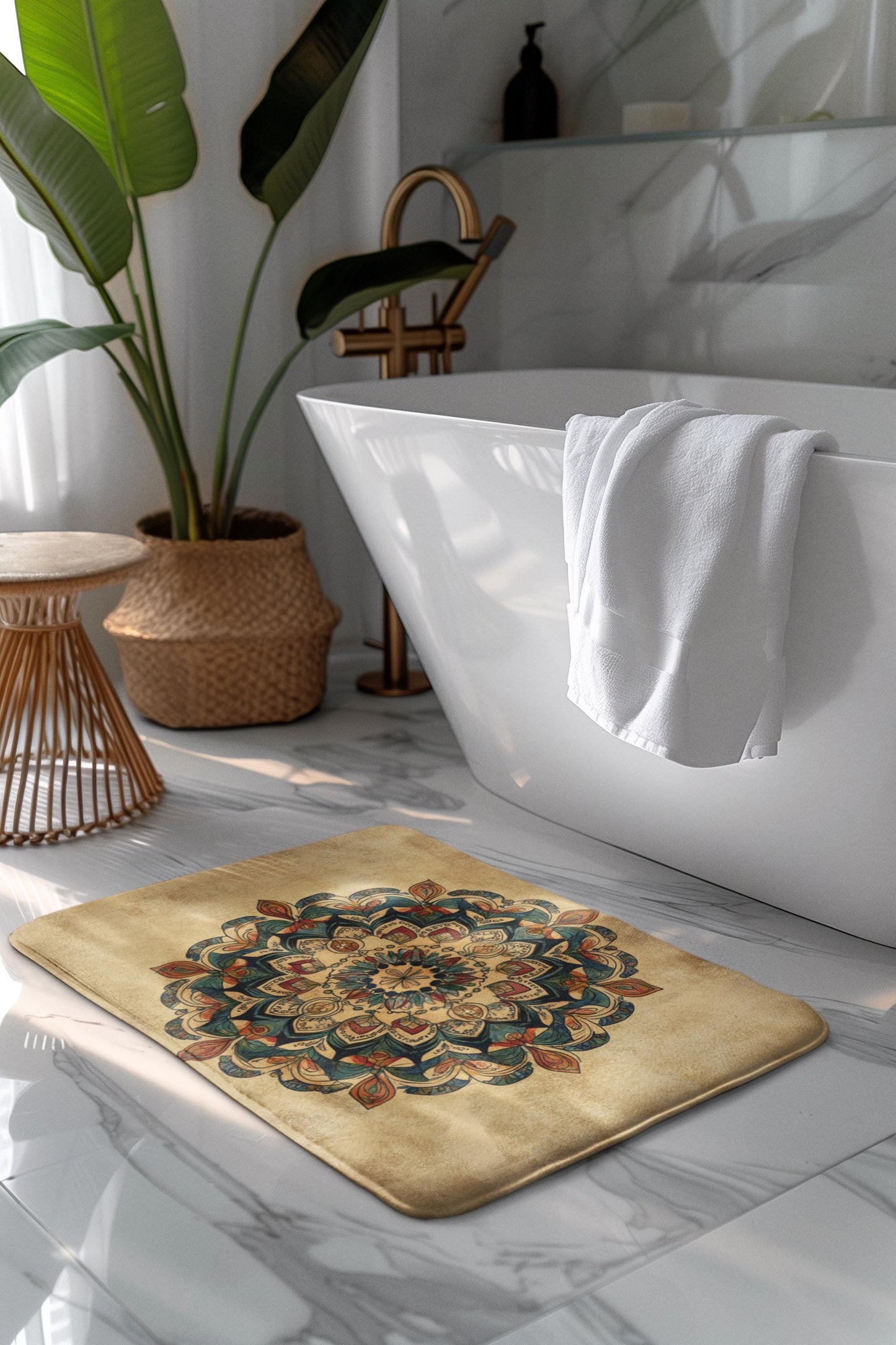 Mandala Bath Mat – Colorful Boho Spiritual Rug, Artistic Bathroom Accent