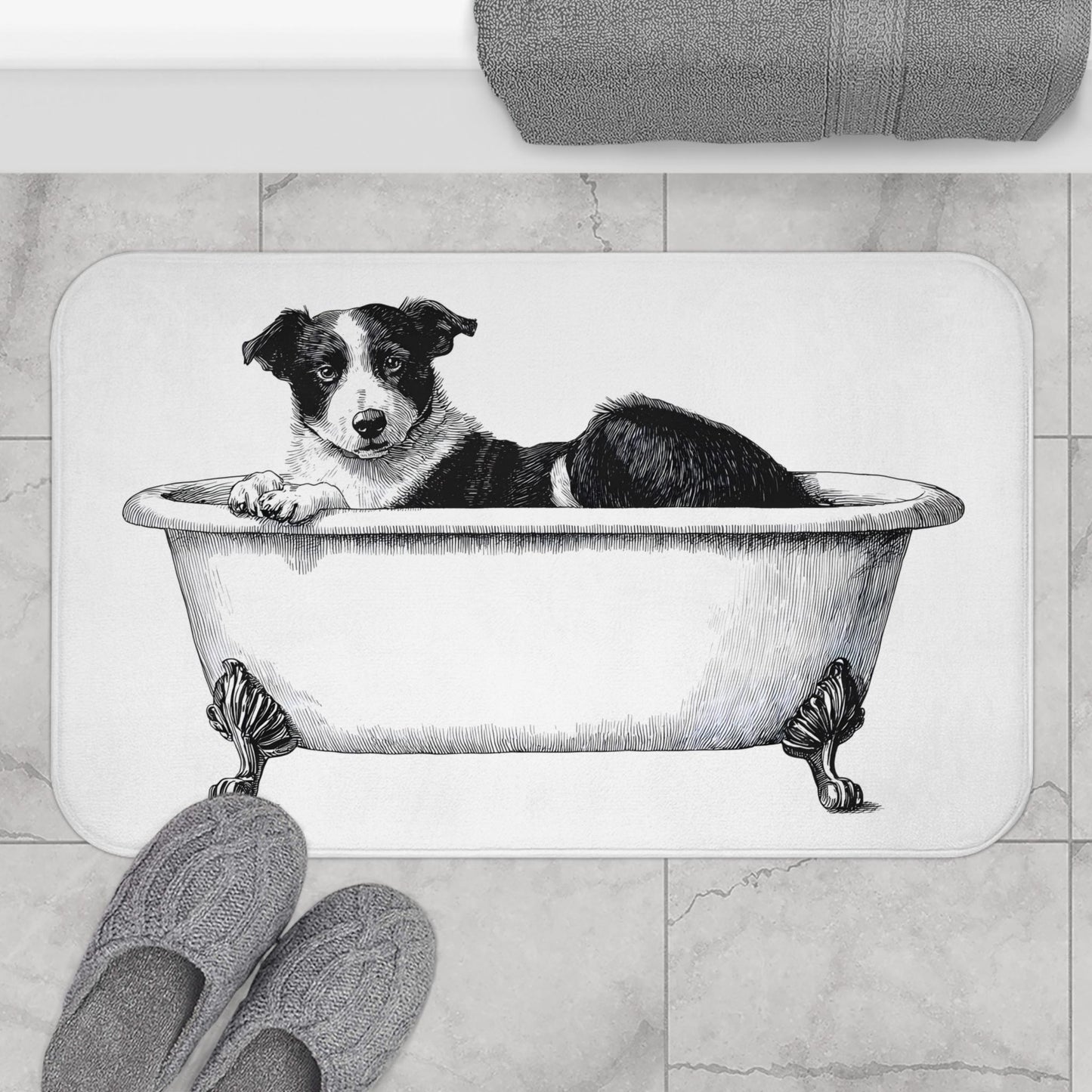 Dog Bath Mat – Black and White Pup Bathroom Rug