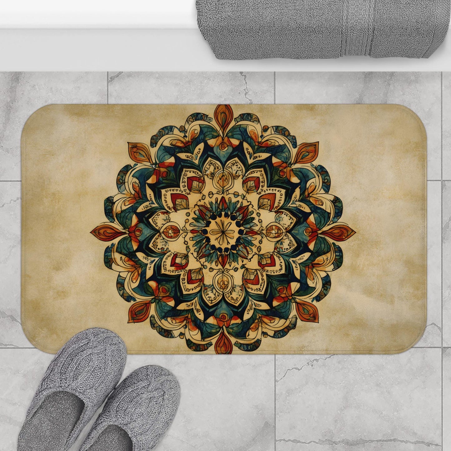 Mandala Bath Mat – Colorful Boho Spiritual Rug, Artistic Bathroom Accent