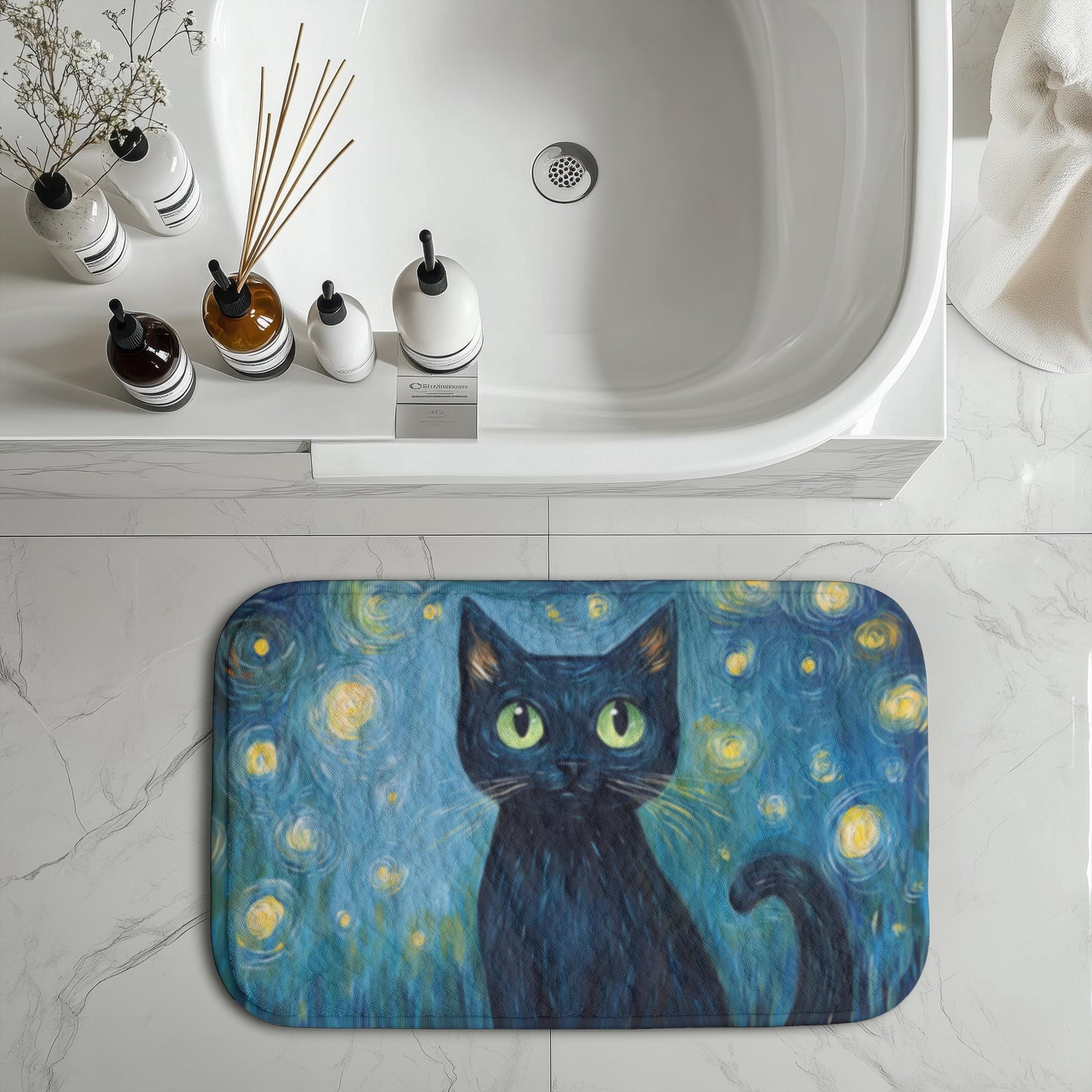 Black Cat Bath Mat – Starry Night Bathroom Rug