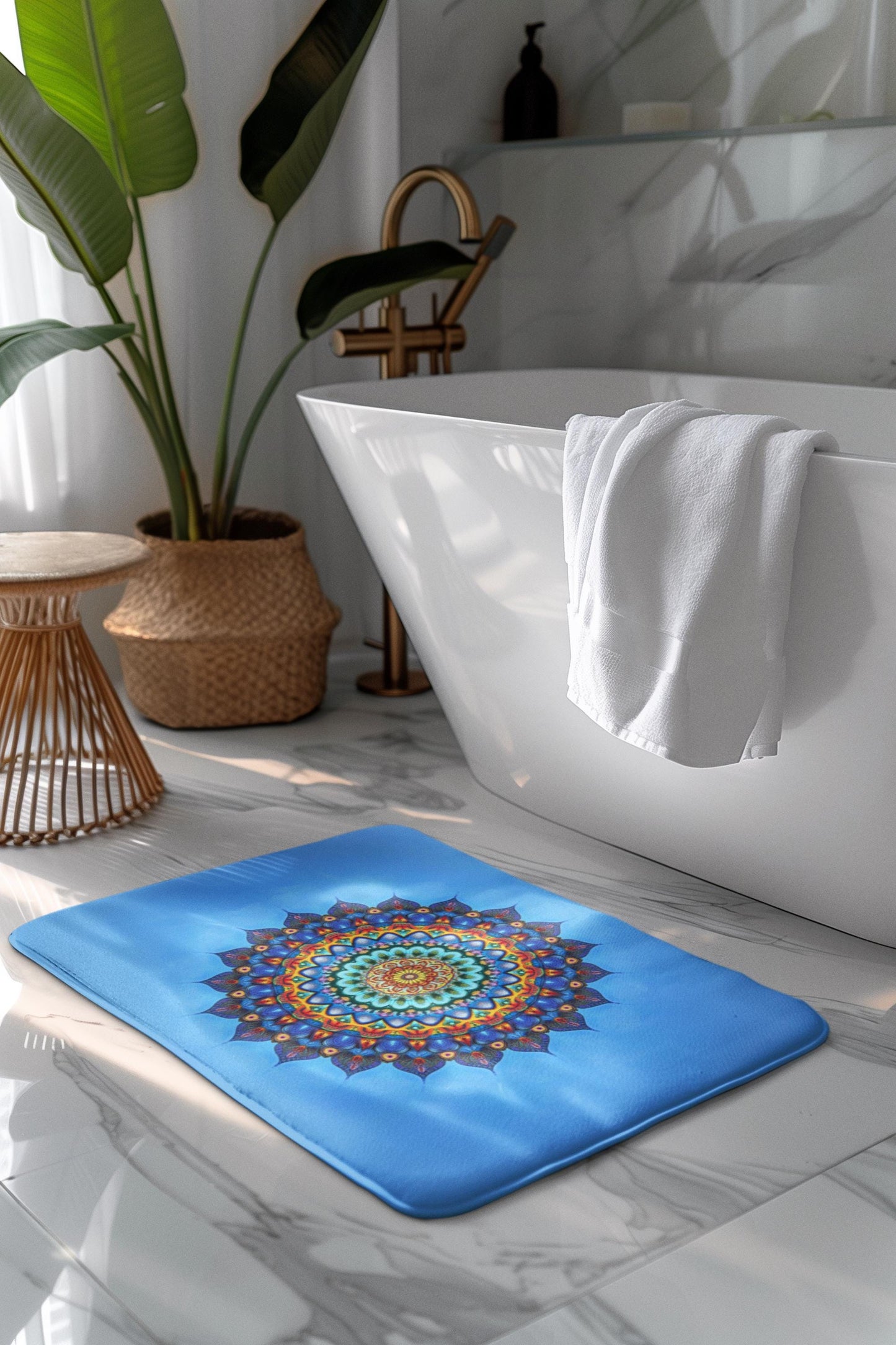 Mandala Bath Mat - Blue Spiritual Bathroom Rug Colorful Boho Decor