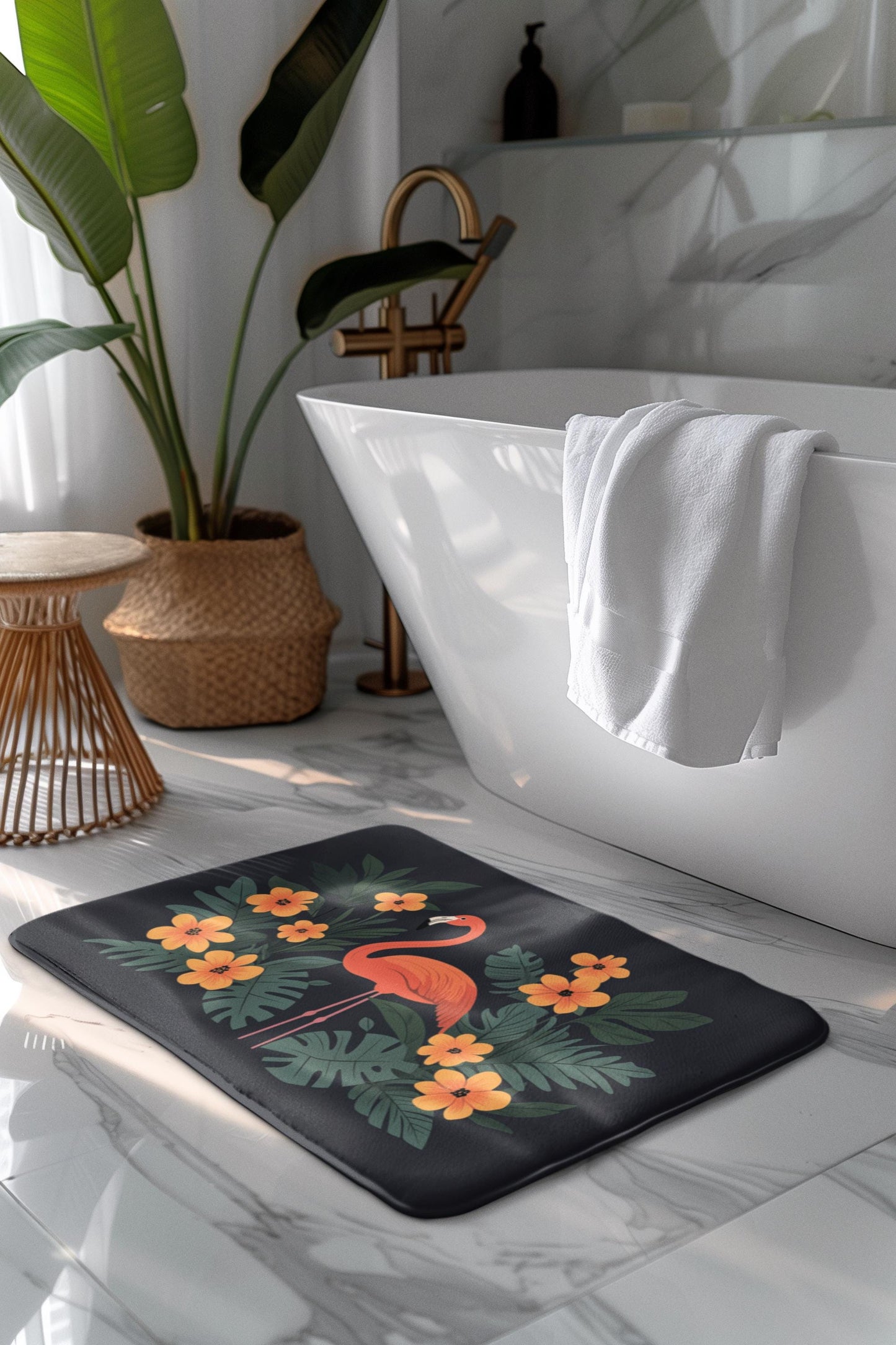 Tropical Flamingo Bath Mat – Pink Jungle Bird Bathroom Rug