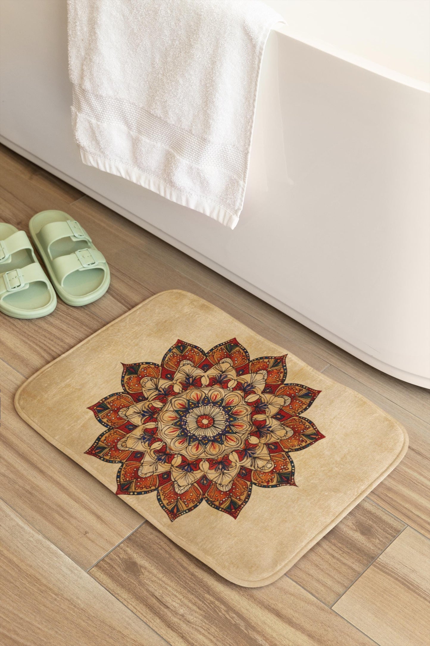Mandala Bath Mat – Bohemian Tan & Red Rug, Warm Floral Meditation Decor