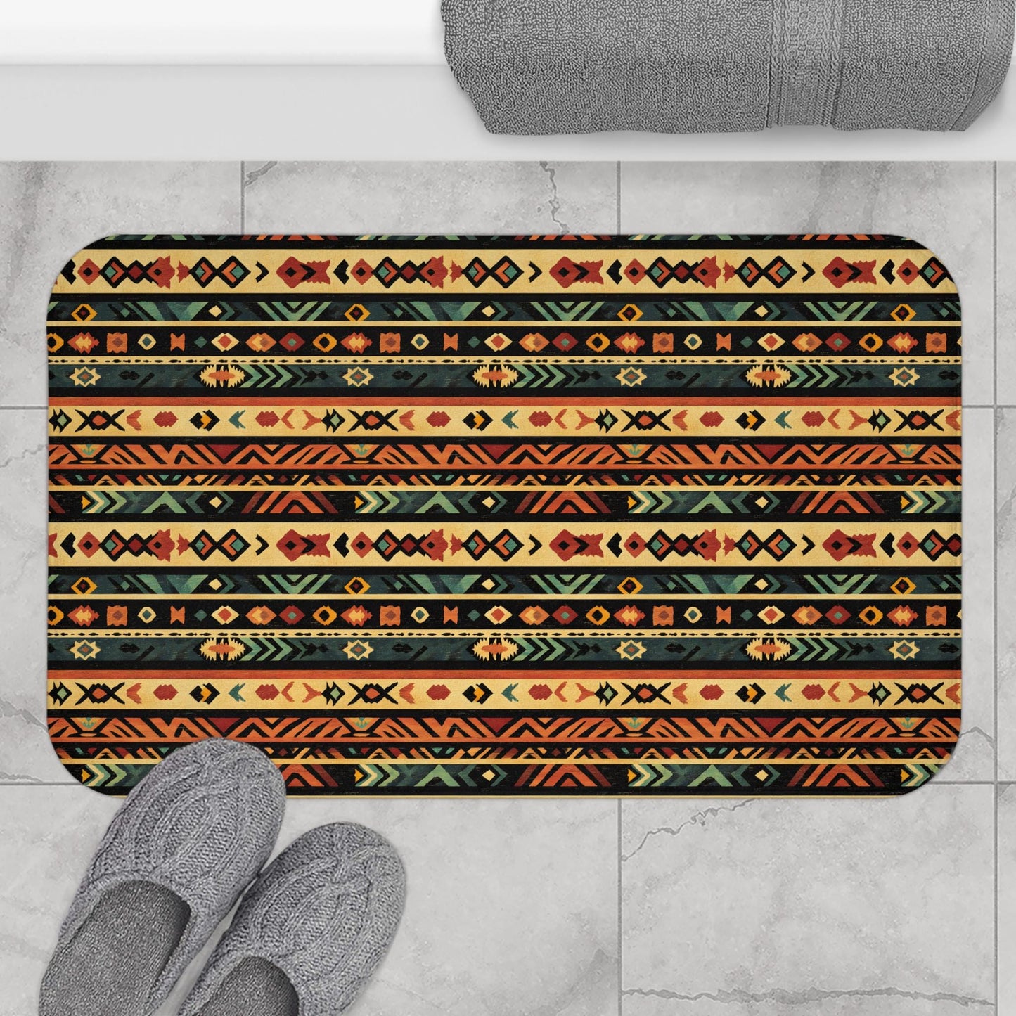 Southwestern Bath Mat – Rustic Boho Bathroom Rug with Tribal Pattern