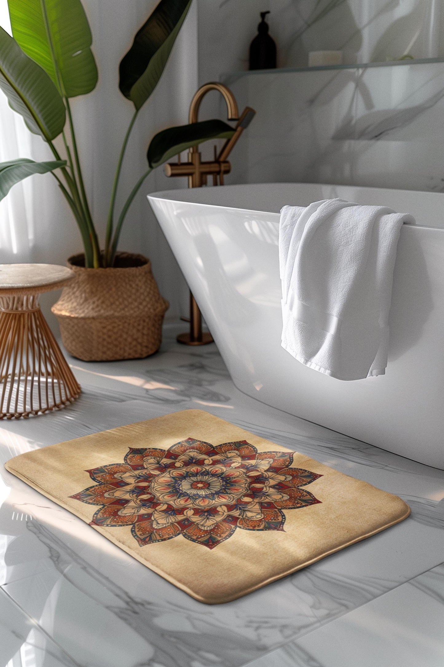 Mandala Bath Mat – Bohemian Tan & Red Rug, Warm Floral Meditation Decor