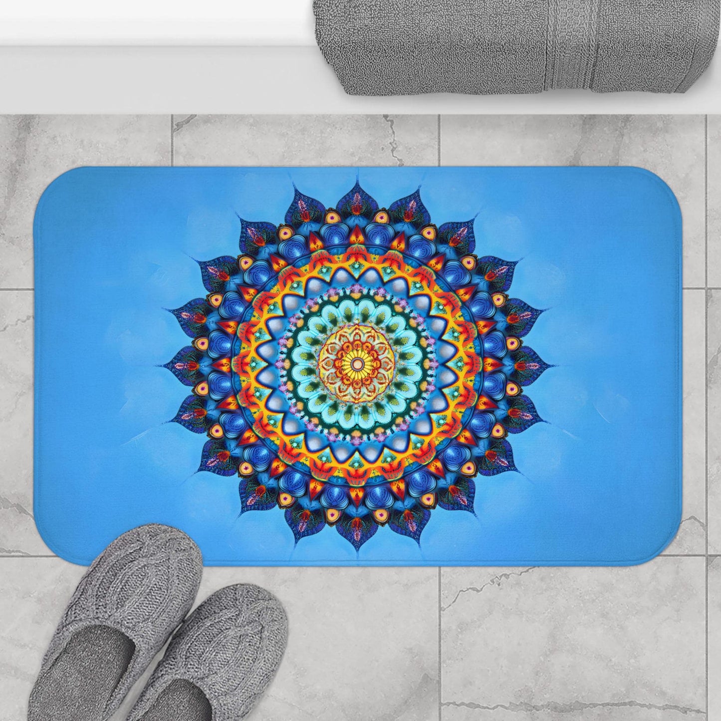 Mandala Bath Mat - Blue Spiritual Bathroom Rug Colorful Boho Decor