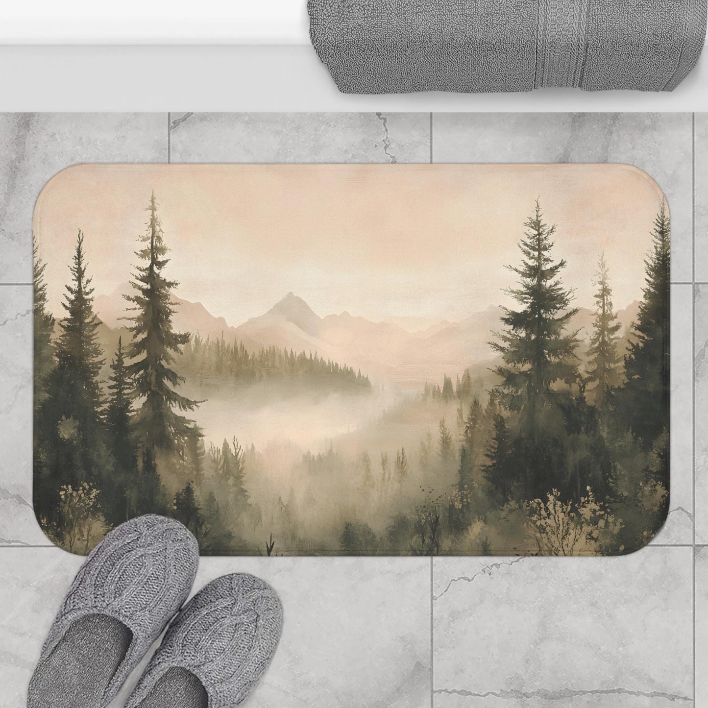 Forest Bath Mat – Mountain Landscape Rug, Nature Inspired Decor