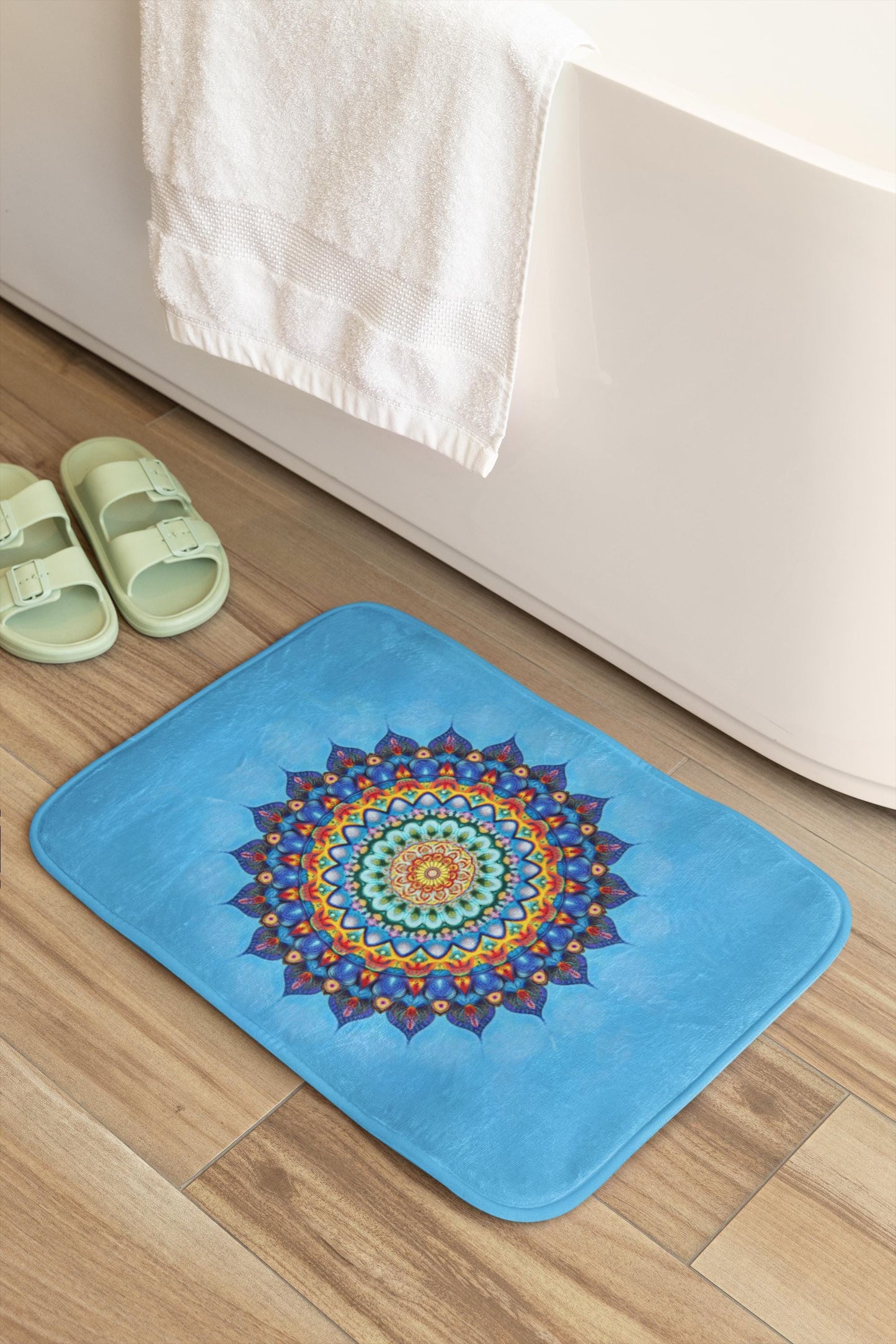 Mandala Bath Mat - Blue Spiritual Bathroom Rug Colorful Boho Decor