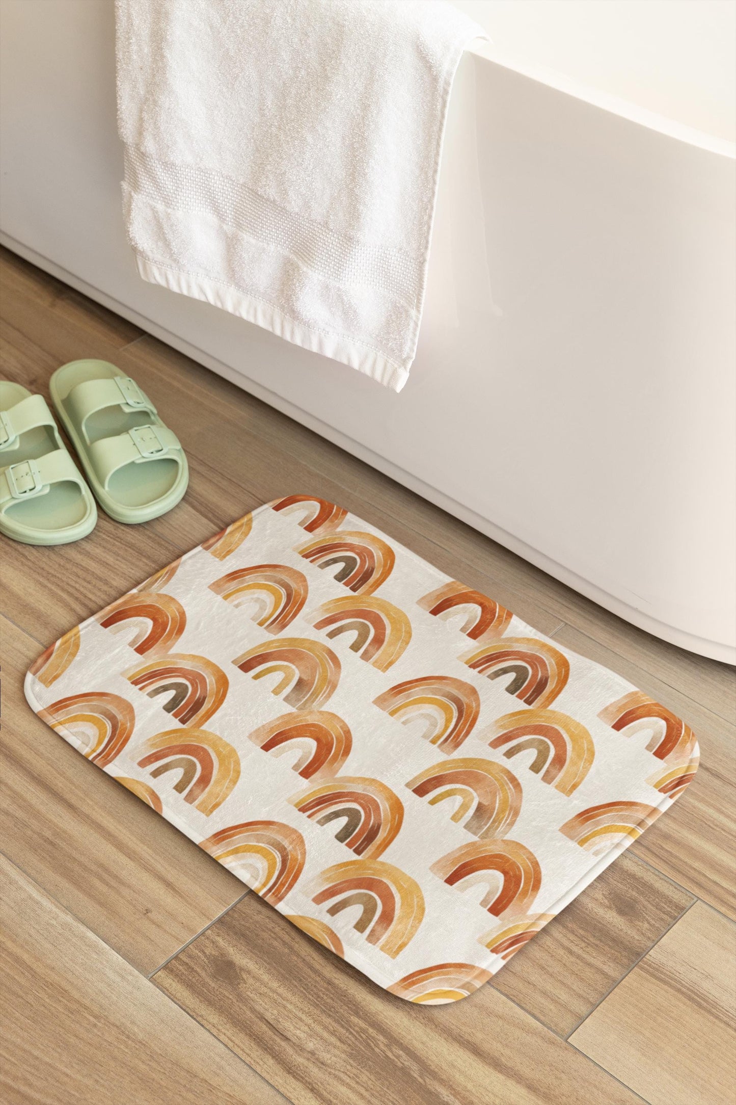 Terracotta Rainbow Bath Mat – Abstract Boho Bathroom Rug