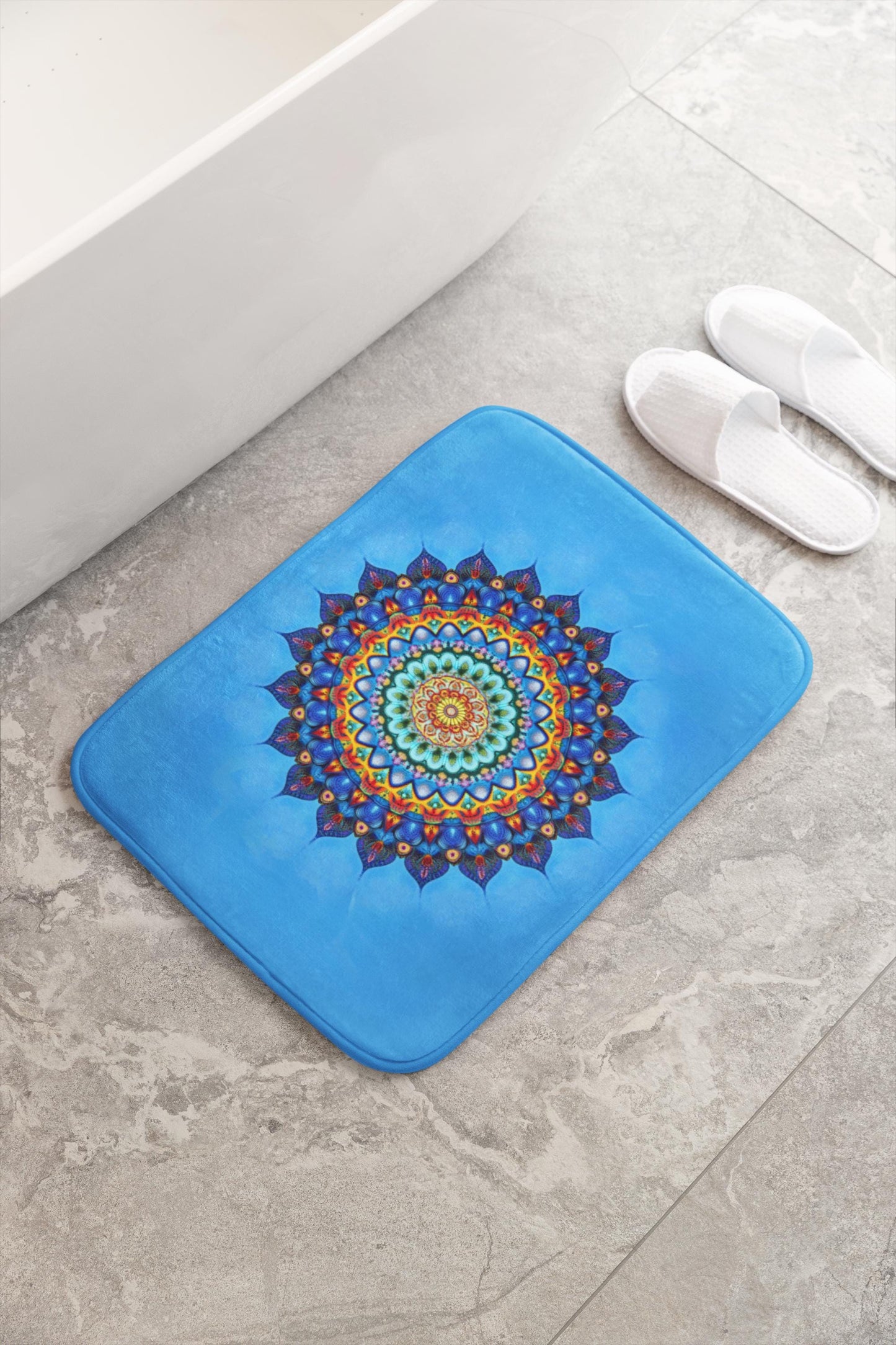 Mandala Bath Mat - Blue Spiritual Bathroom Rug Colorful Boho Decor