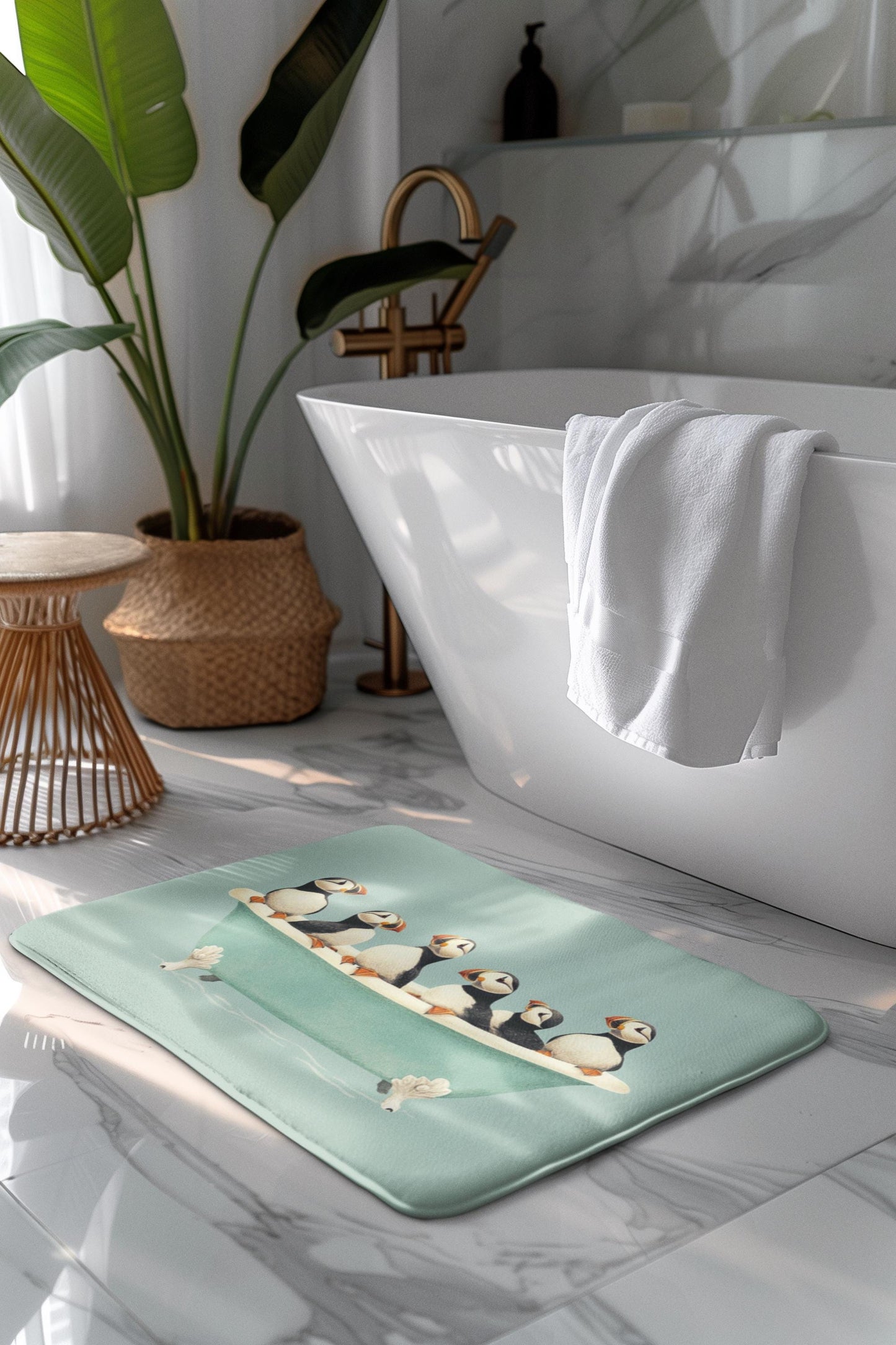 Puffin Bath Mat – Coastal Seabird Bathroom Rug, Ocean Wildlife Decor