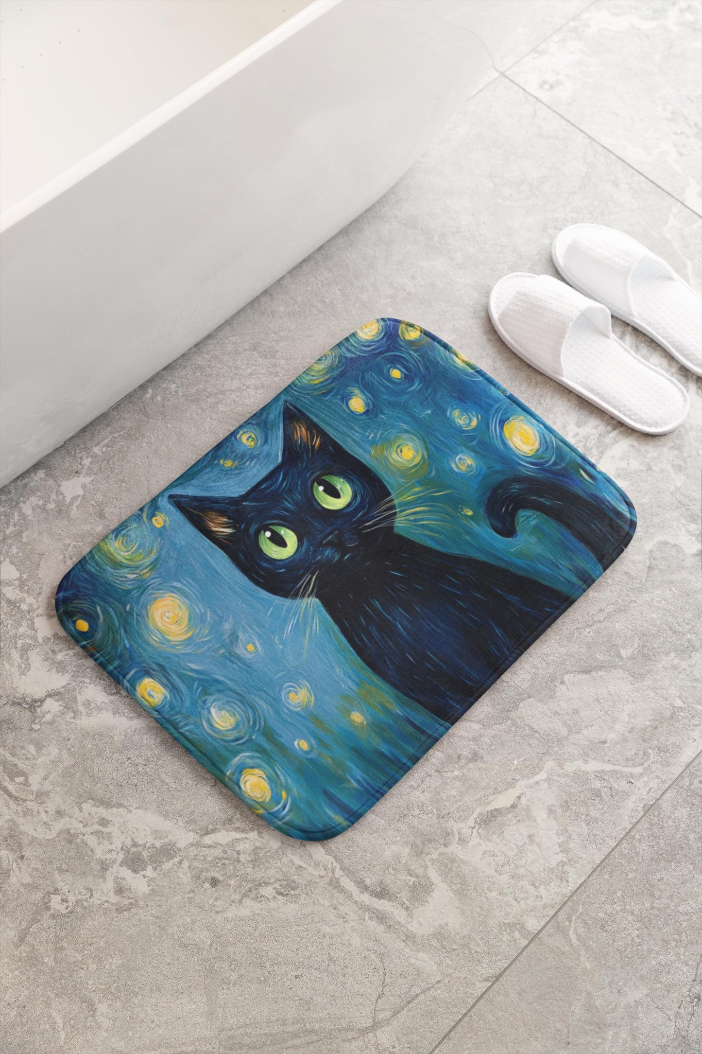 Black Cat Bath Mat – Starry Night Bathroom Rug