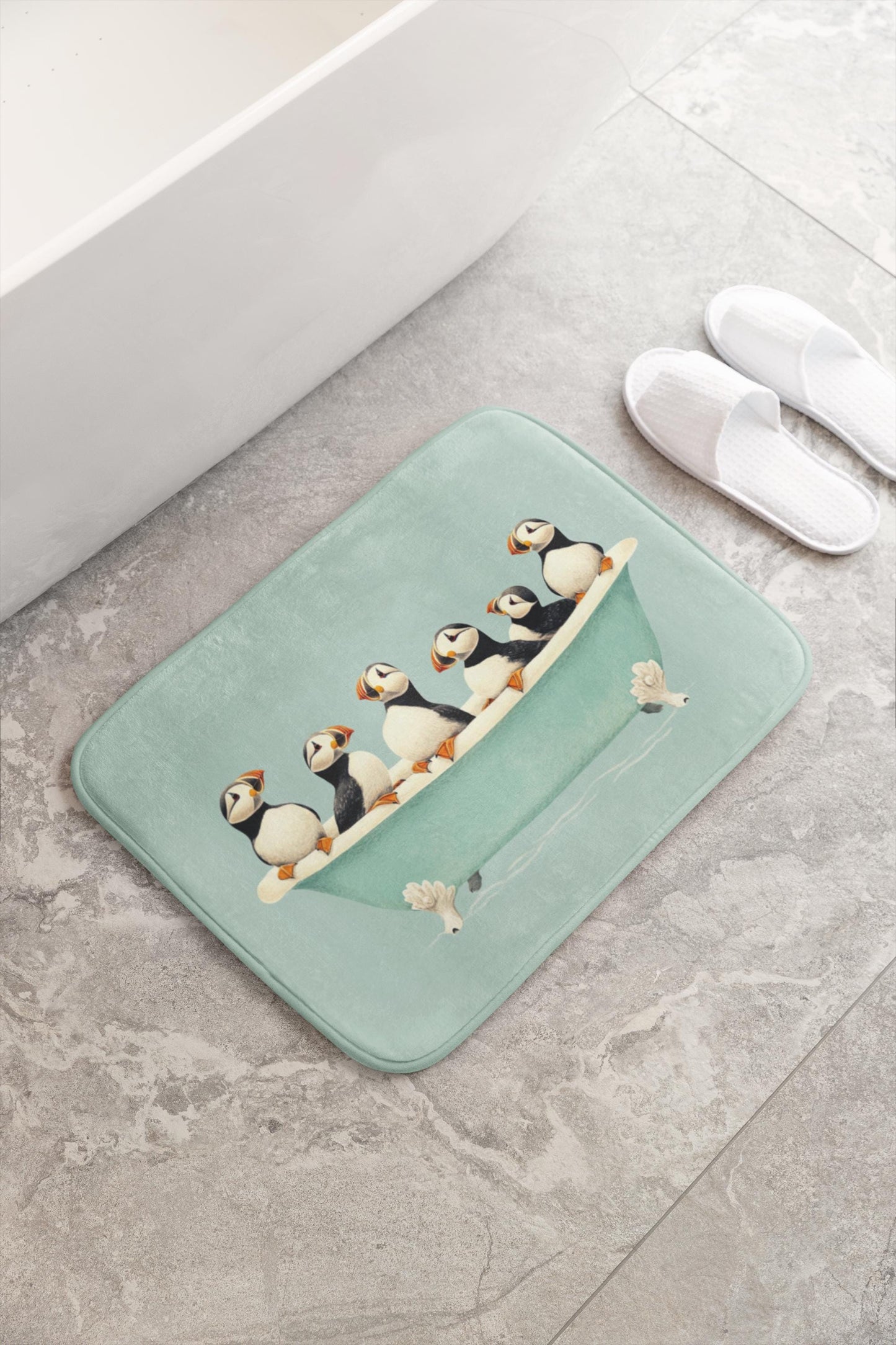Puffin Bath Mat – Coastal Seabird Bathroom Rug, Ocean Wildlife Decor