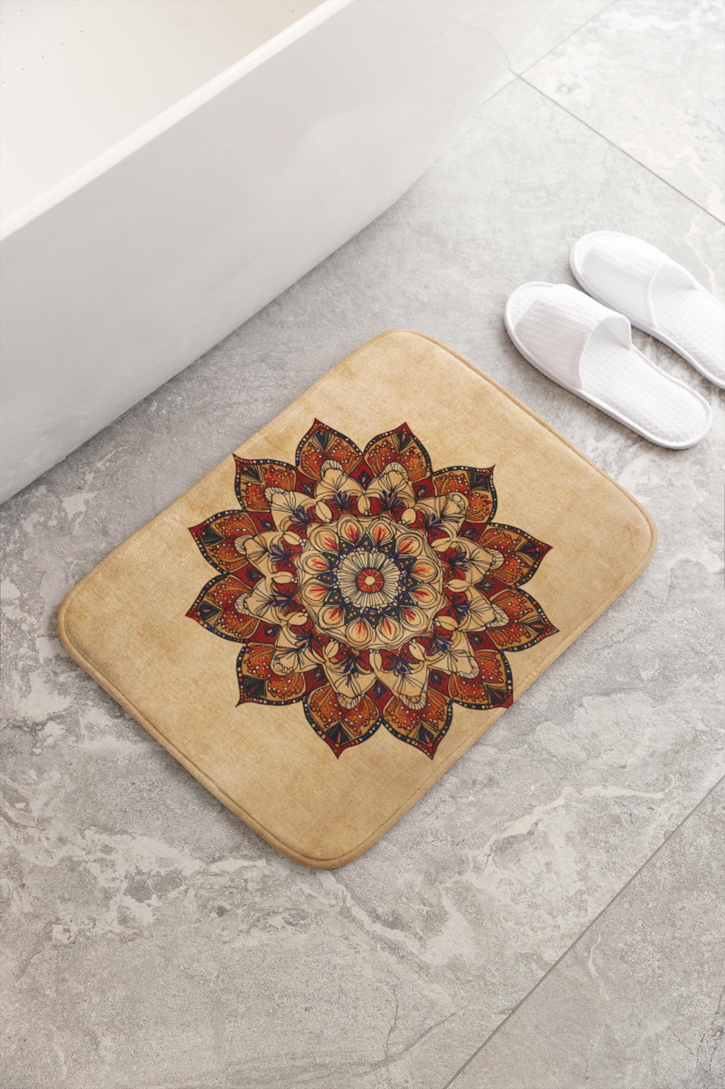Mandala Bath Mat – Bohemian Tan & Red Rug, Warm Floral Meditation Decor