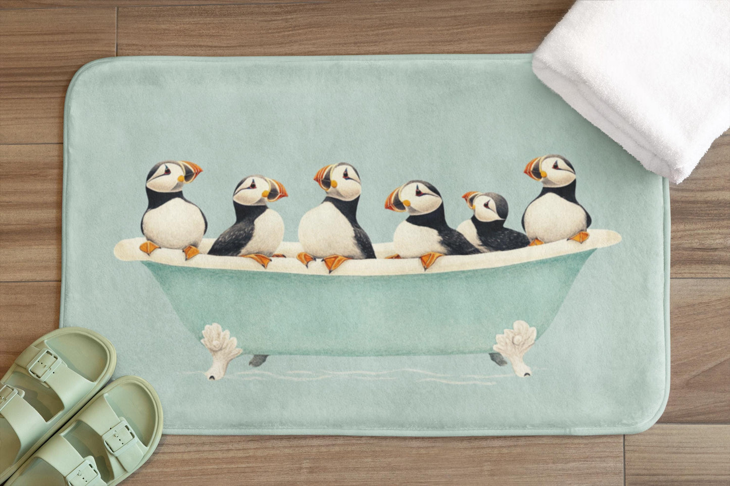 Puffin Bath Mat – Coastal Seabird Bathroom Rug, Ocean Wildlife Decor