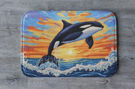 Orca Whale Bath Mat – Ocean Bathroom Rug, Coastal Sunset Marine Decor