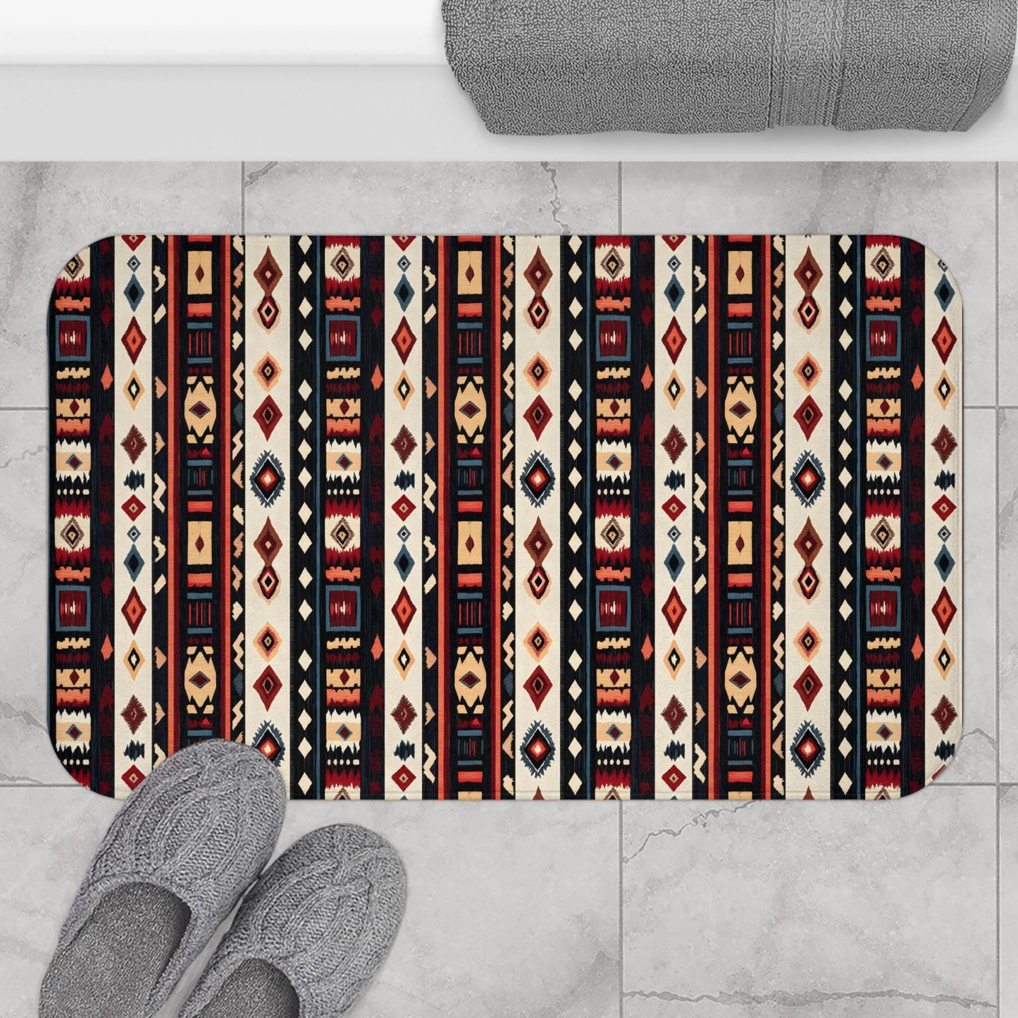 Tribal Stripe Bath Mat – Ethnic Boho Bathroom Rug with Anti-Slip