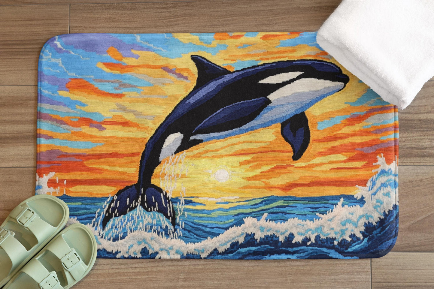 Orca Whale Bath Mat – Ocean Bathroom Rug, Coastal Sunset Marine Decor