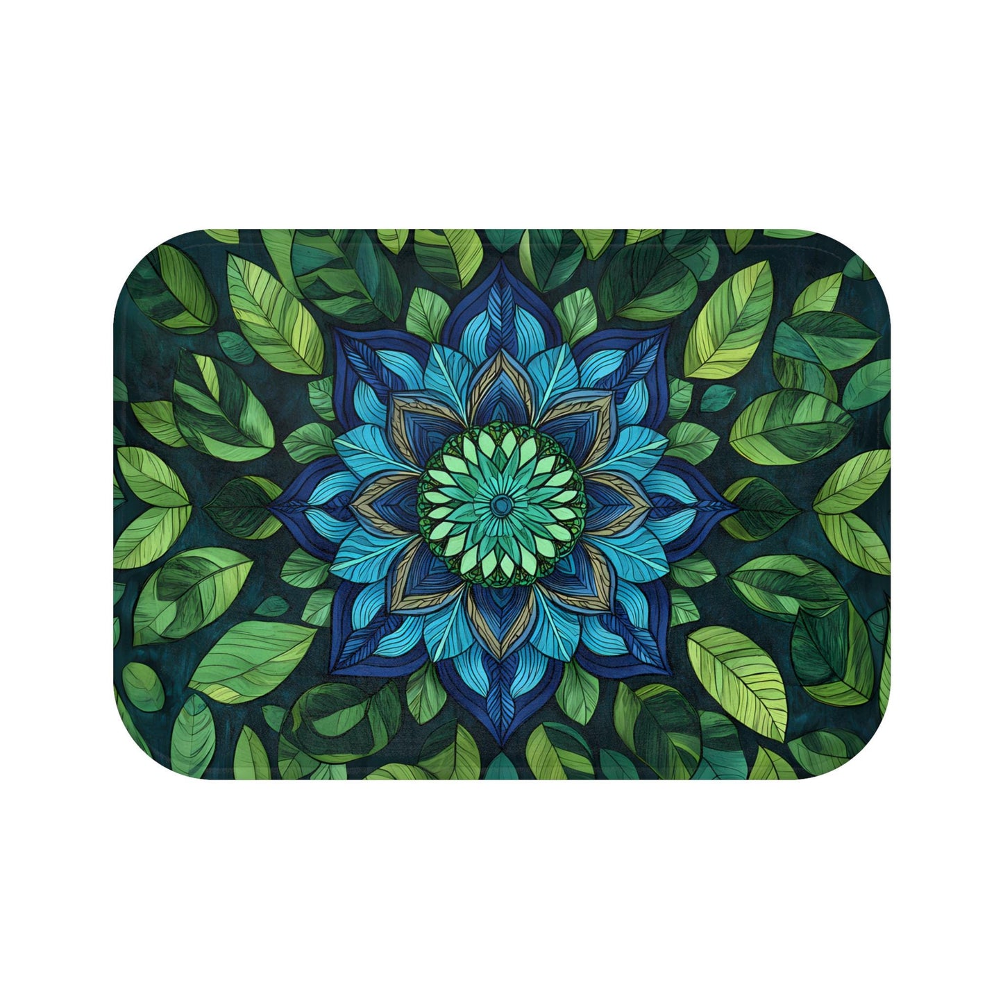 Blue Green Mandala Bath Mat – Boho Bathroom Rug with Sacred Geometry