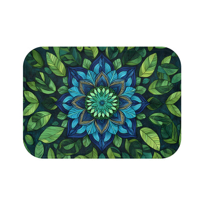 Blue Green Mandala Bath Mat – Boho Bathroom Rug with Sacred Geometry