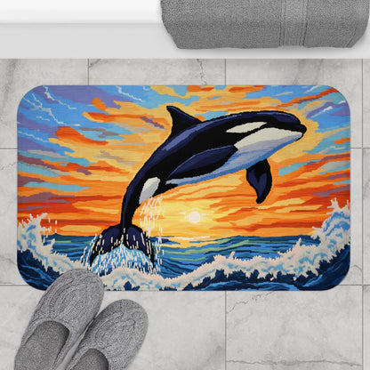 Orca Whale Bath Mat – Ocean Bathroom Rug, Coastal Sunset Marine Decor